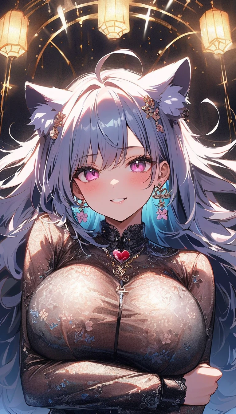 no background、flower hair ornament、masterpiece、Fluffy cat ears、goddess、Blonde color、pink inner color、blue eyes、highest quality、front、Upper body、big breasts