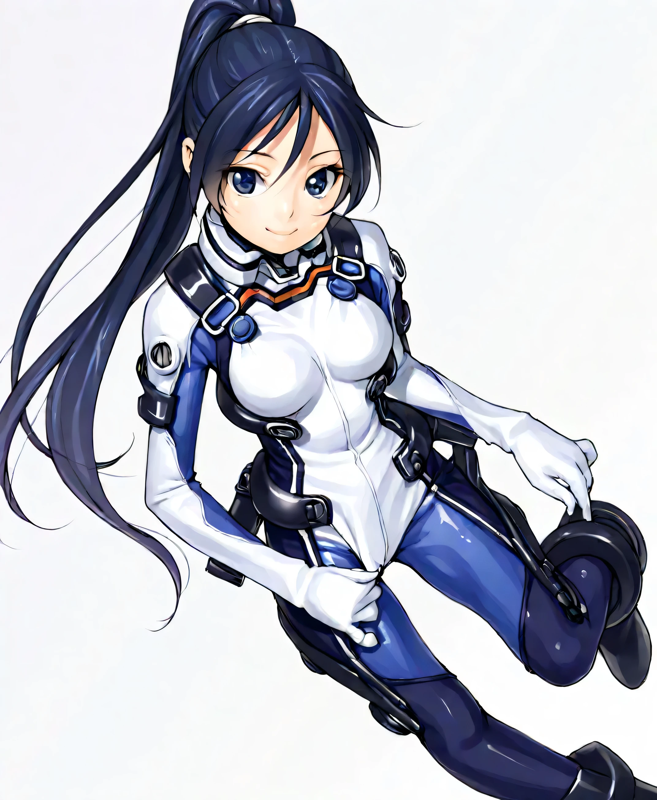 (masterpiece、 top quality、 highest resolution 、 Clear Images 、 Detailed Images、 The angle is from above ): ( one Japanese woman 、 High Ponytail、 Friendly Smiles。 dark blue hair 、 Sparkling blue eyes 、( white and navy blue pilot suit (Enamel Finish )、white and dark blue tight clothing (Enamel Finish )、 that conceals your legs 、 White and dark blue thigh-covering pants 、 white and dark blue shoulder cover 、 wear dark blue fitted pants that hide legs 、Armor to hide the chest、 dark blue fitted innerwear that conceals legs 、Completely conceals the chest )、 very delicate and beautiful、More、 slender body、exoskeleton、 cute、 kind smile、 soft impression 、heroine、white and navy hard boots、 elbow length gloves、 Active Action )、( simple background、 white background:1.5)