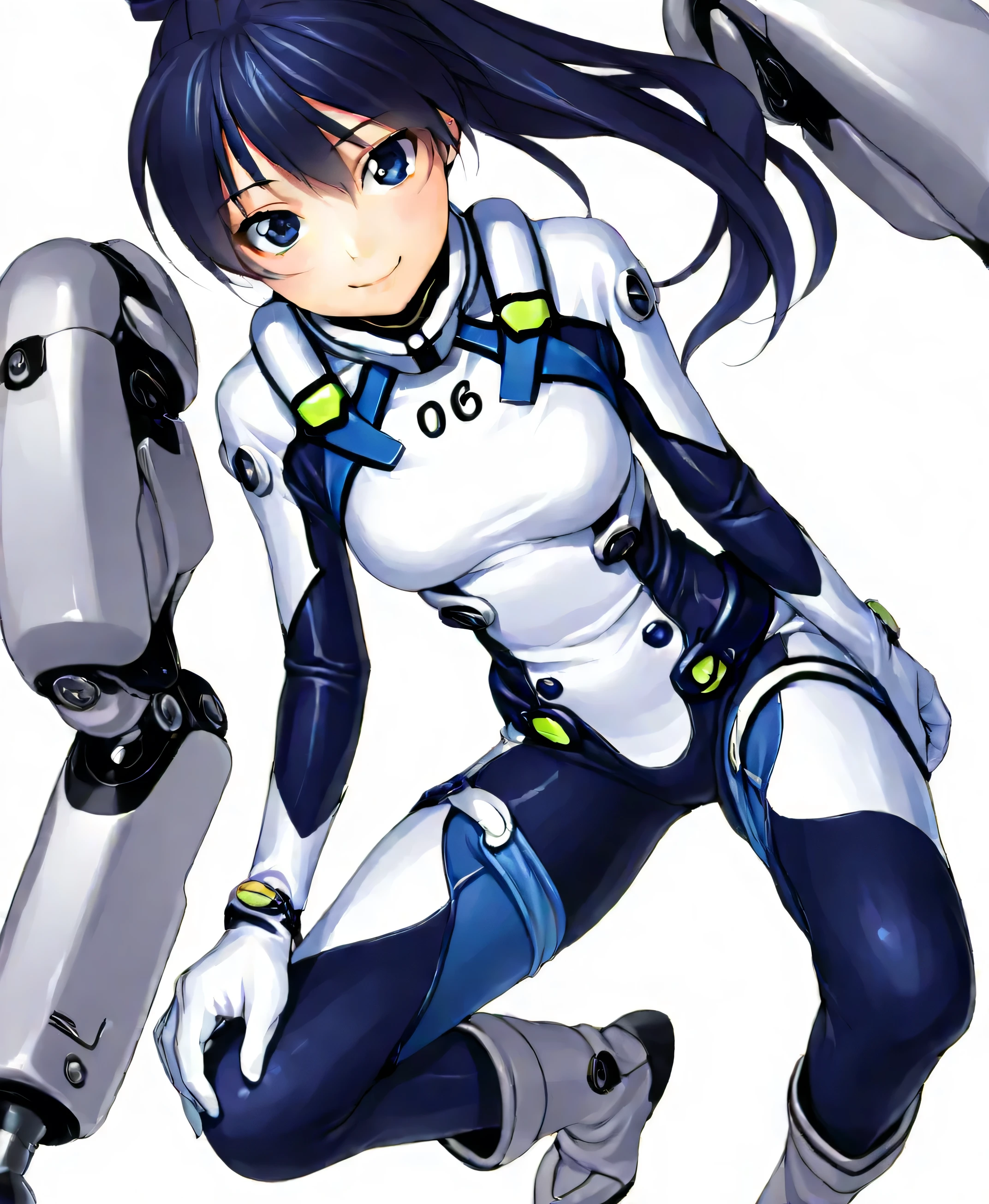 (masterpiece、 top quality、 highest resolution 、 Clear Images 、 Detailed Images、 The angle is from above ): ( one Japanese woman 、 High Ponytail、 Friendly Smiles。 dark blue hair 、 Sparkling blue eyes 、( white and navy blue pilot suit (Enamel Finish )、white and dark blue tight clothing (Enamel Finish )、 that conceals your legs 、 White and dark blue thigh-covering pants 、 white and dark blue shoulder cover 、 wear dark blue fitted pants that hide legs 、Armor to hide the chest、 dark blue fitted innerwear that conceals legs 、Completely conceals the chest )、 very delicate and beautiful、More、 slender body、exoskeleton、 cute、 kind smile、 soft impression 、heroine、white and navy hard boots、 elbow length gloves、 Active Action )、( simple background、 white background:1.5)