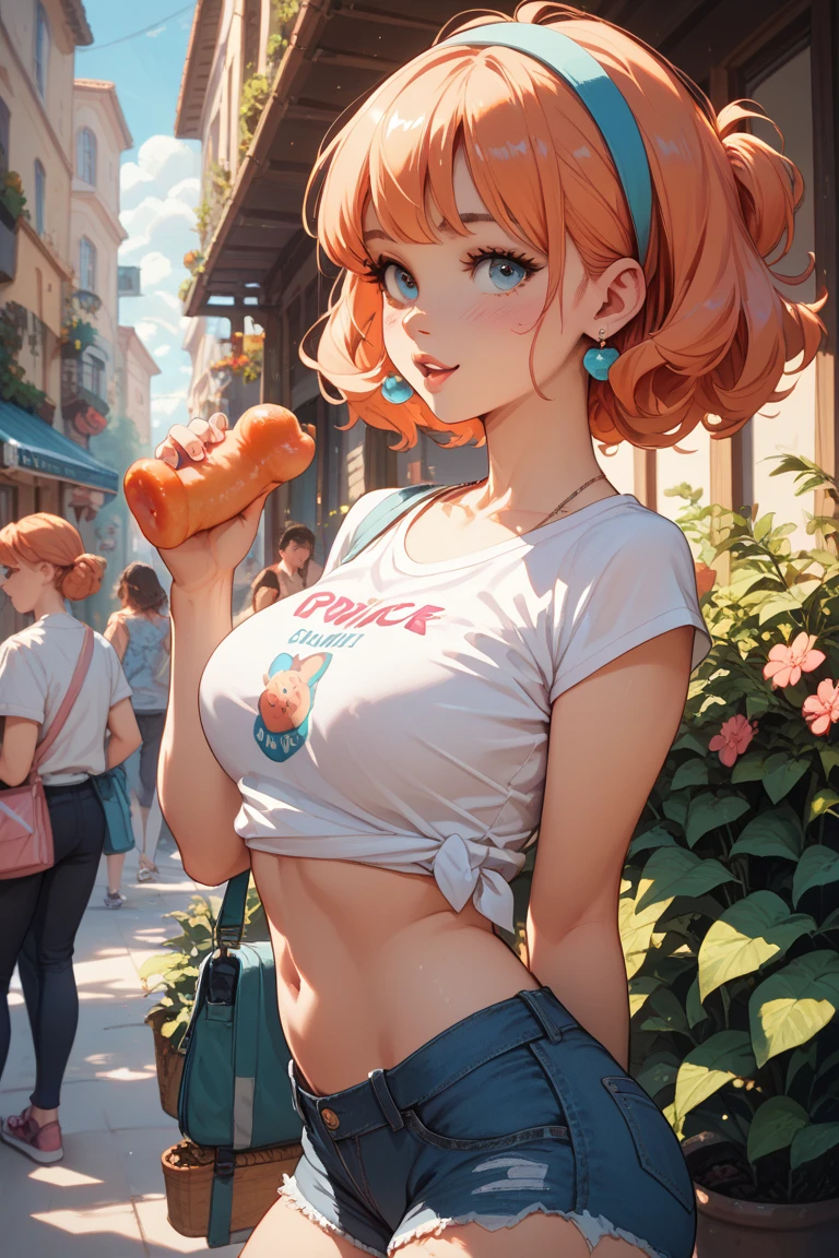 nsfw, masterpiece, 1 girl, erect nipples, intricately detailed, topless, navel, denim hotpants, kfc, bare shoulders, necklace, interior, dj, headset, baseball cap, citypop, erect nipples, puffy nipples, extremely detailed, photorealistic, octane render, 8 k, unreal engine, bare breasts, nipples, bare stomach, sweaty, people on background, moist breath, small breasts, flat chests, , smiling, leaning forward, collarbone, wet body, pink hair, ray of lights, nipple-piercing, fast food counter, nipple chain