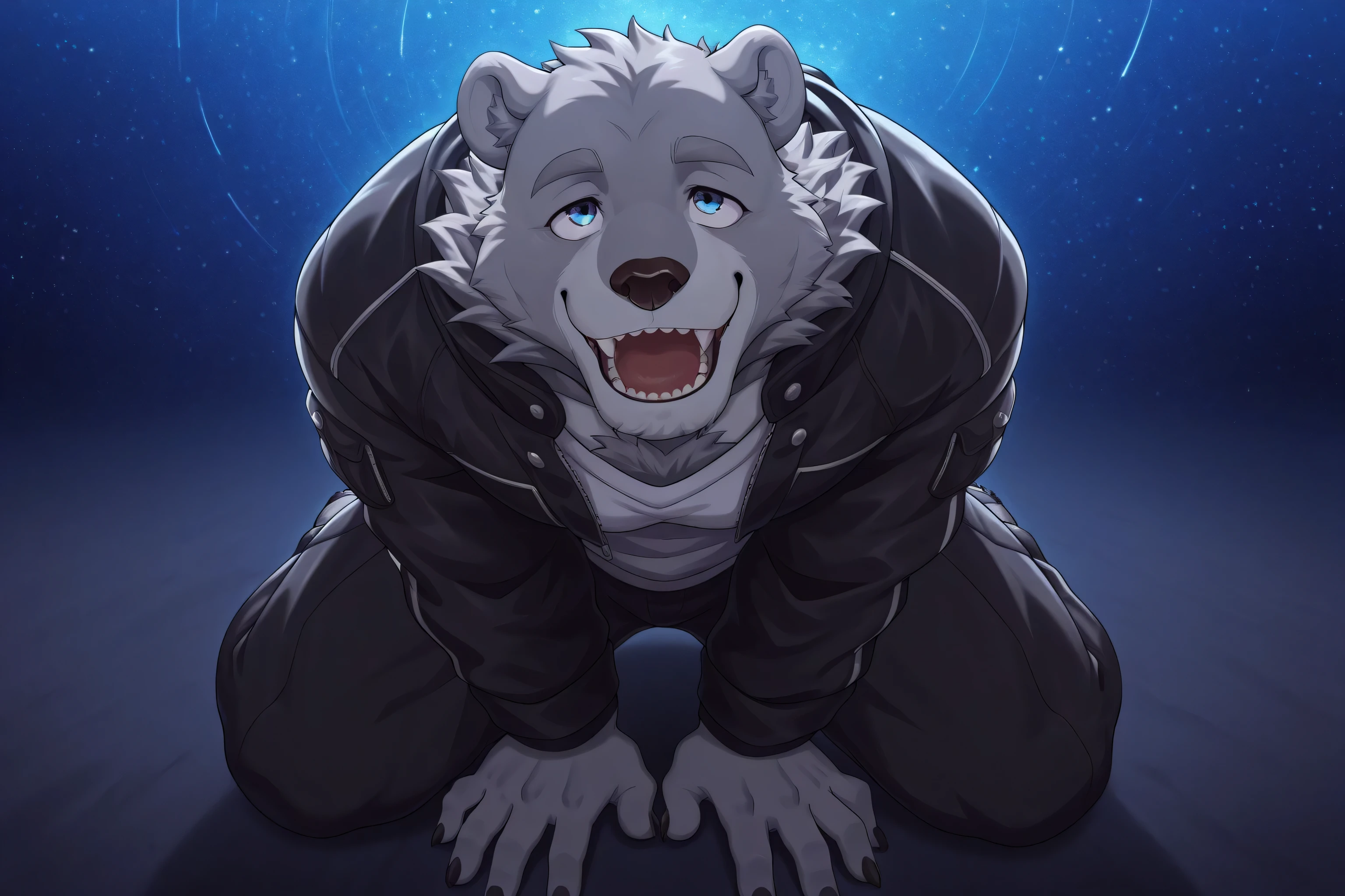 bear, gray fur, bear face, blue eyes, cropped distressed jacket, kneeling, leaning forward, hands on the ground, looking up, smiling, intense emotions, slightly open mouth, starry background, high contrast shadows, score_9, score_8_up, score_7_up