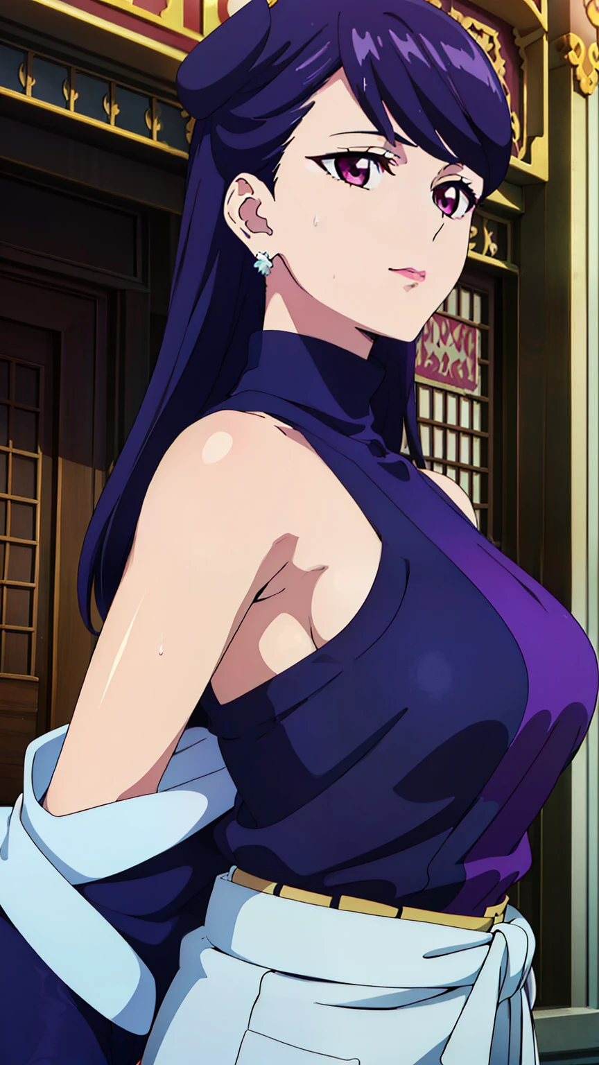 rifa,1 girl, (purple eyes, purple hair), bangs, long hair,(nffsw, pink knit, turtleneck, sleeveless, off shoulder, (sideboob), shorts, thighs, street corner),
20 years,young woman,beautiful long legs,beautiful body,
beautiful nose,beautiful character design, perfect eye, perfect face,expressive eye,perfect balance,
View your audience,(Focus on her face), (Innocent_big_eye:1.0),
Anime art style,Dynamic Angle,Official Art,Very detailed CG Unity 8k wallpaper, Perfect lighting,colorful, bright_front_face_Lighting,White skin,
(masterpiece:1.0),(Highest_quality:1.0), 超High resolution,4K,Very detailed,
photograph, 8k, high resolution, high resolution, (Absurd:1.2), Kodak Portrait 400, Film Grain, Lens flare, (Vibrant_color:1.2),Professional Photograph,
(beautiful_Big Breasts:1,0), (beautiful_face:1.0),(narrow_Waist),
