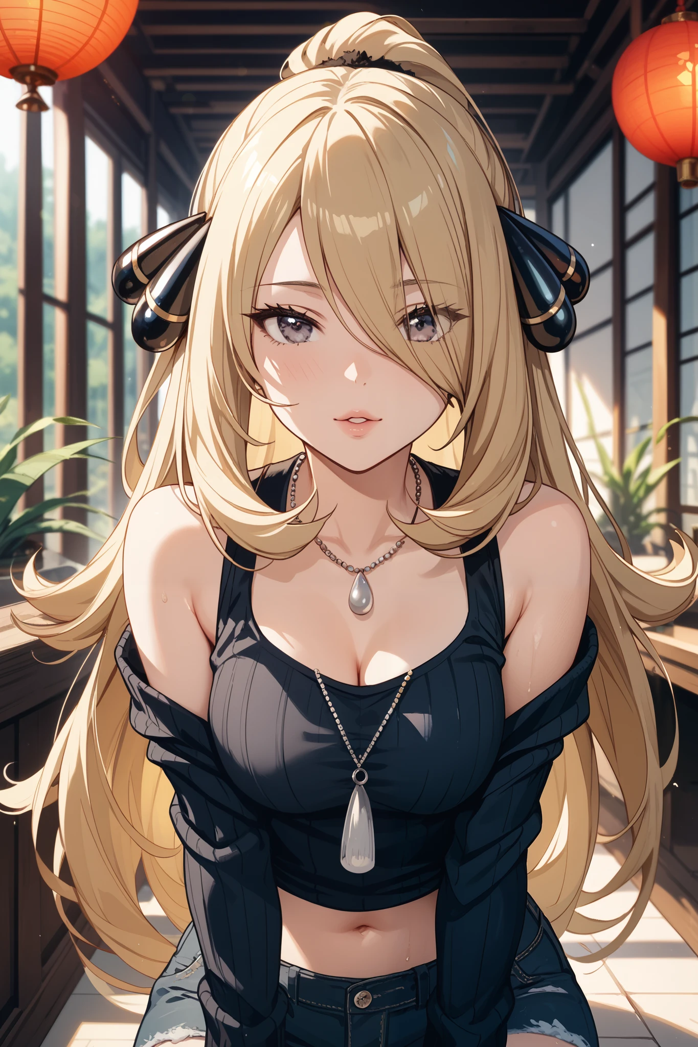((masterpiece)), ((best quality)), (ultra-detailed), ((extremely detailed)), 4K, (8K), black skin、Blonde、parted bangs 𝐬𝐡𝐨𝐫𝐭𝐜𝐮𝐭、Hot spring inn、Black leather jacket、Black Shirt、Black Skirt、Gold Bunny Ears