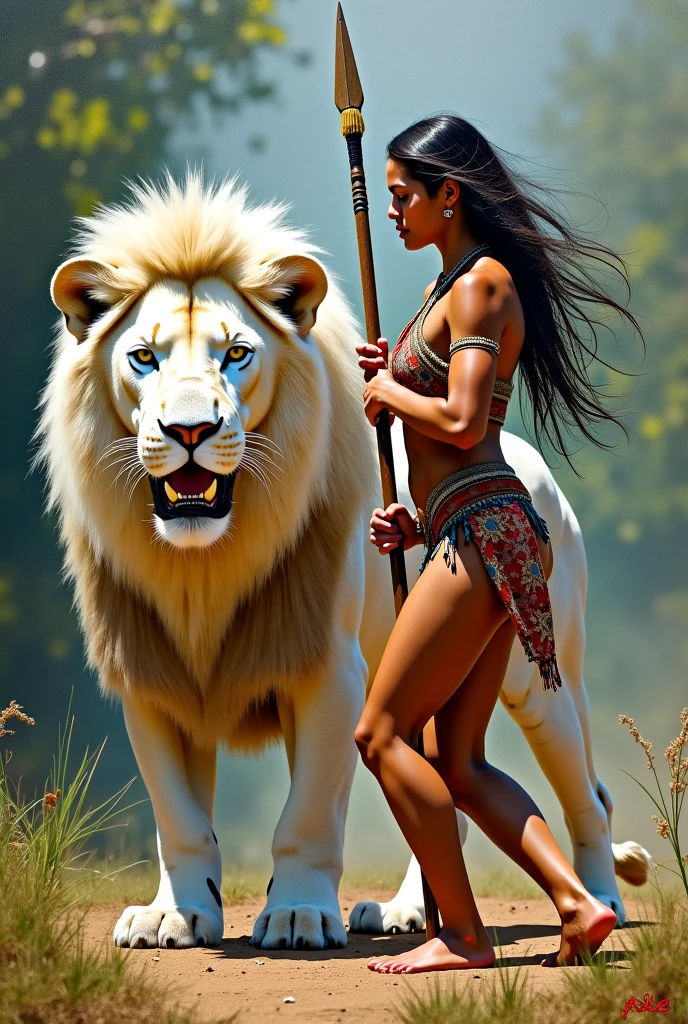Create a nude African female warrior riding a white lion holding a spear