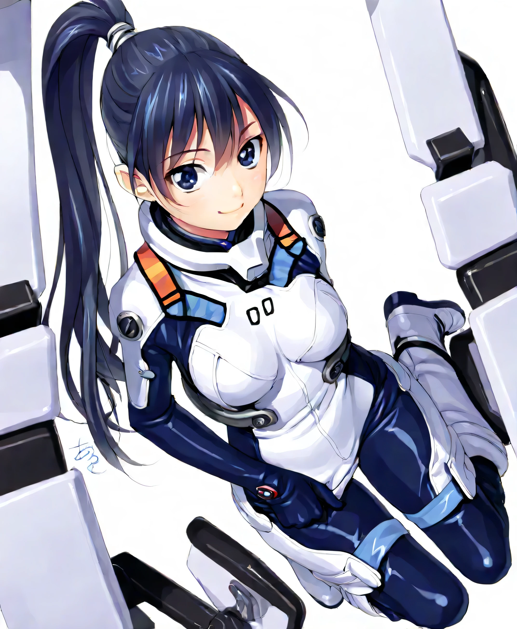 (masterpiece、 top quality、 highest resolution 、 Clear Images 、 Detailed Images、 The angle is from above ): ( one Japanese woman 、 High Ponytail、 Friendly Smiles。 dark blue hair 、 Sparkling blue eyes 、( white and navy blue pilot suit (Enamel Finish )、white and dark blue tight clothing (Enamel Finish )、 that conceals your legs 、 White and dark blue thigh-covering pants 、 white and dark blue shoulder cover 、 wear dark blue fitted pants that hide legs 、Armor to hide the chest、 dark blue fitted innerwear that conceals legs 、Completely conceals the chest )、 very delicate and beautiful、More、 slender body、exoskeleton、 cute、 kind smile、 soft impression 、heroine、white and navy hard boots、 elbow length gloves、 Active Action )、( simple background、 white background:1.5)