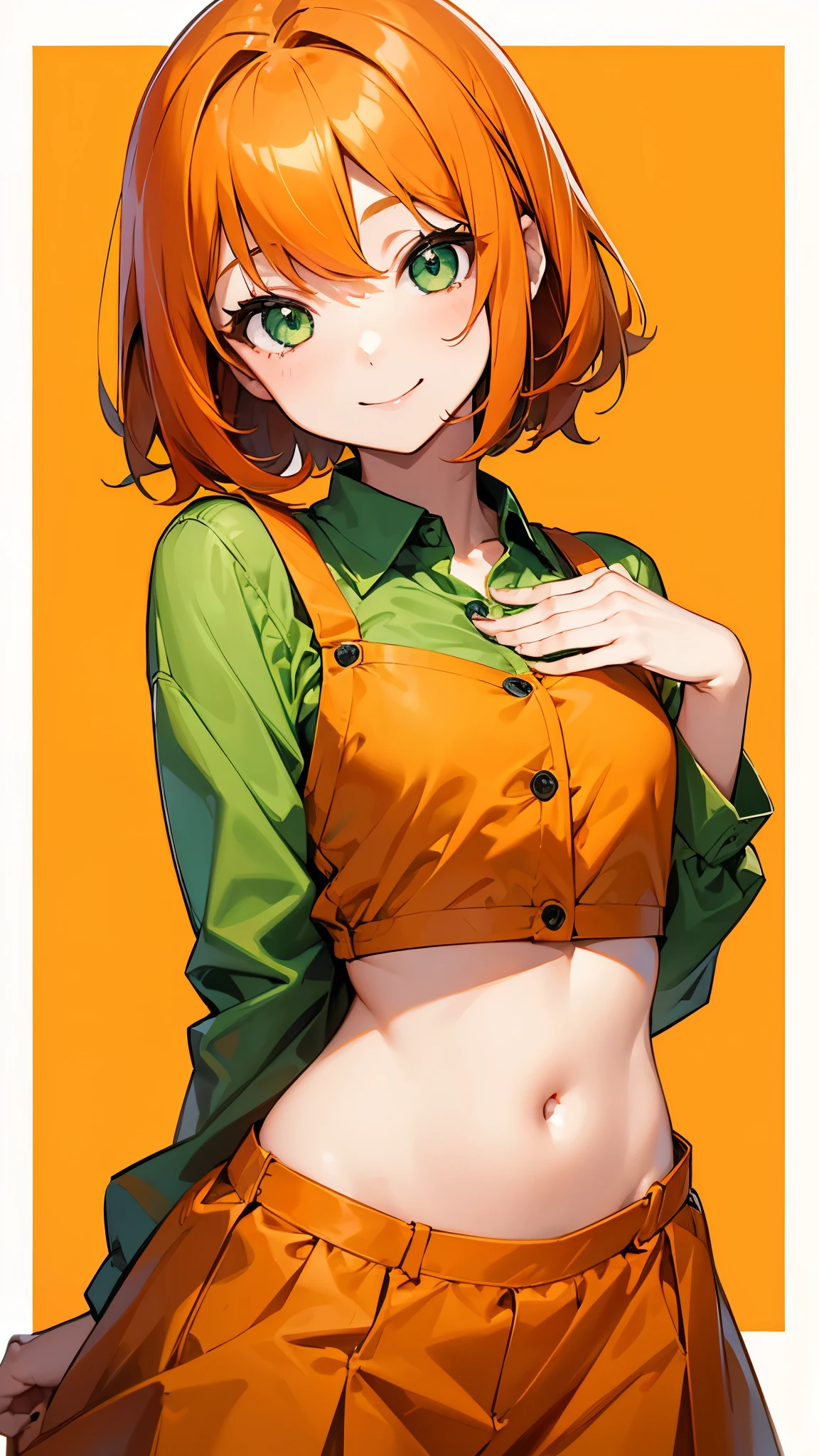 1 girl、anime painting、Orange Hair、Beautiful green eyes、Side Ponytail、Vibrant colors、black and white tube top bra、Gingham check tube top bra、A little bit of chest is visible、smile、Open your mouth、From the side、Upper body close-up