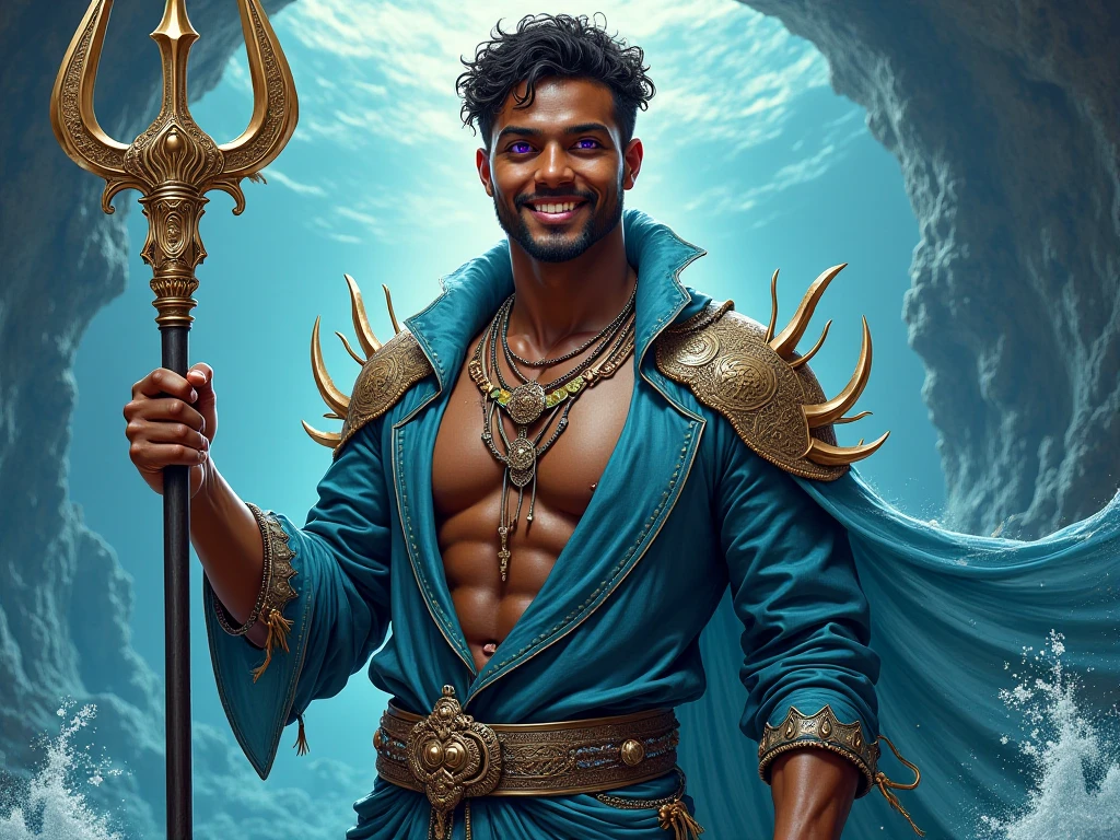 Twenty-one year old young man, tanned brown skin, brown wavy hair, dark brown eyes, holding a trident, I see water around
