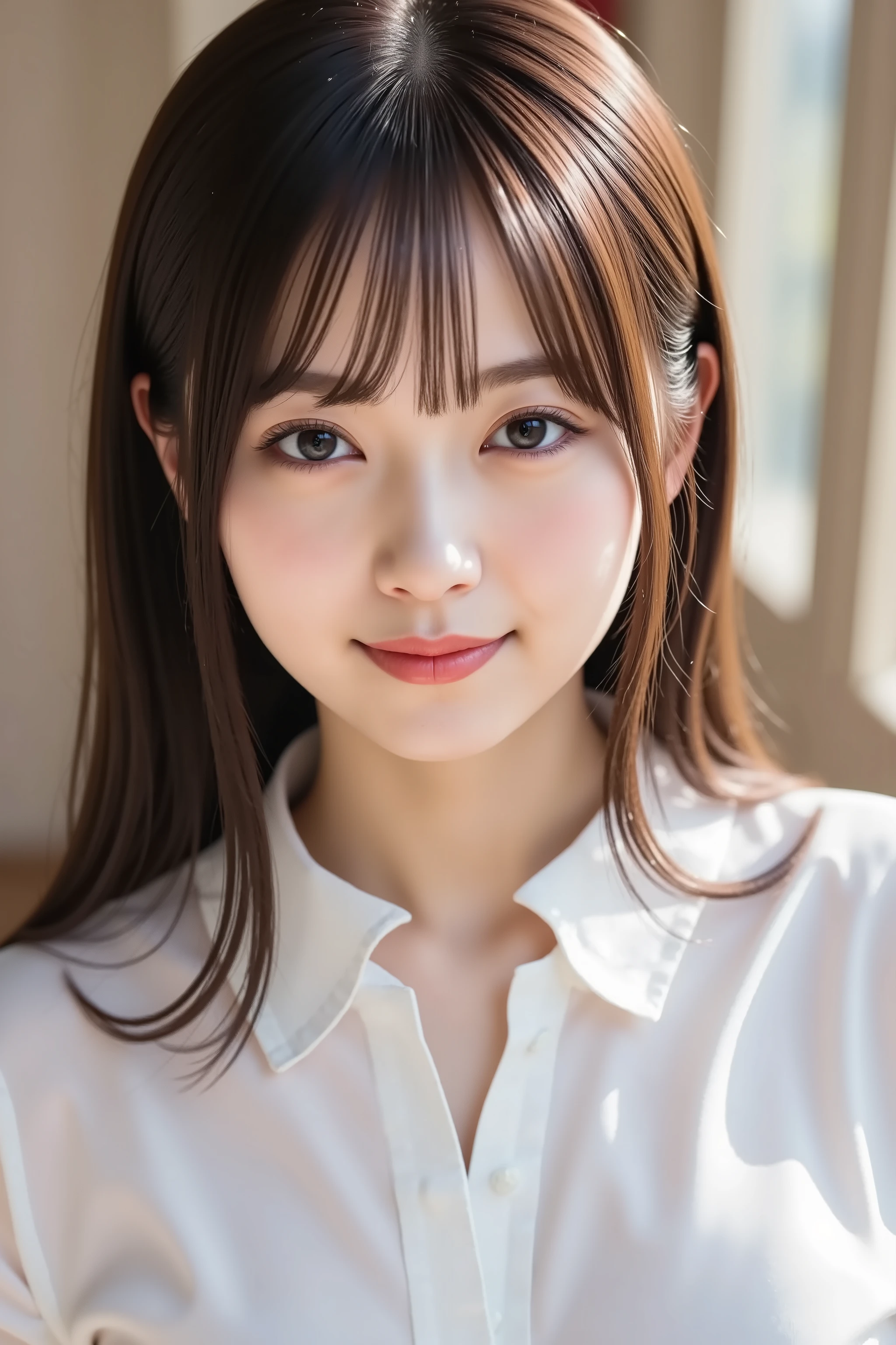 face positioned accurately in the center of the image, Upper chest, head is fully reflected with tight tension, face is clearly visible as a full body shot, White collared shirt, Women's Room Background 、long hair around my chest, Bangs, smile, young and cute Japanese face, Official Art, high image quality CG Unity 8k wallpaper, Ultra high image quality, very detailed, high image quality, film grain, lens flare glow, top quality, 8k, as a portrait, 8k, viewer, masterpiece, top quality, very detailed, it's cute, sexy, very detailedな, Detailed Features , beautiful, illustration of a woman having a penis, beautiful Japanese woman, Women's 1, tight breasts