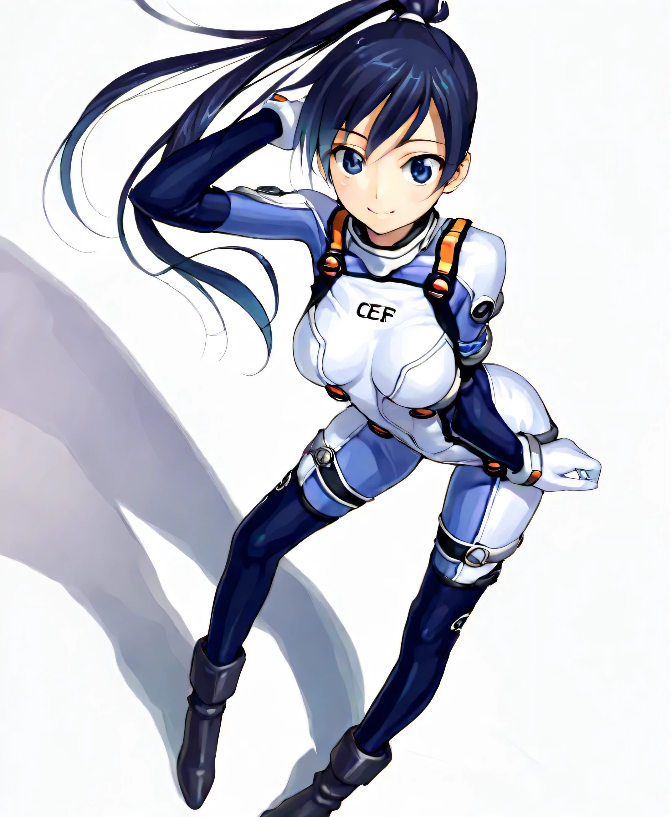 (masterpiece、 top quality、 highest resolution 、 Clear Images 、 Detailed Images、 The angle is from above ): ( one Japanese woman 、 High Ponytail、 Friendly Smiles。 dark blue hair 、 Sparkling blue eyes 、( white and navy blue pilot suit (Enamel Finish )、white and dark blue tight clothing (Enamel Finish )、 that conceals your legs 、 White and dark blue thigh-covering pants 、 white and dark blue shoulder cover 、 wear dark blue fitted pants that hide legs 、Armor to hide the chest、 dark blue fitted innerwear that conceals legs 、Completely conceals the chest )、 very delicate and beautiful、More、 slender body、exoskeleton、 cute、 kind smile、 soft impression 、heroine、white and navy hard boots、 elbow length gloves、 Active Action )、( simple background、 white background:1.5)