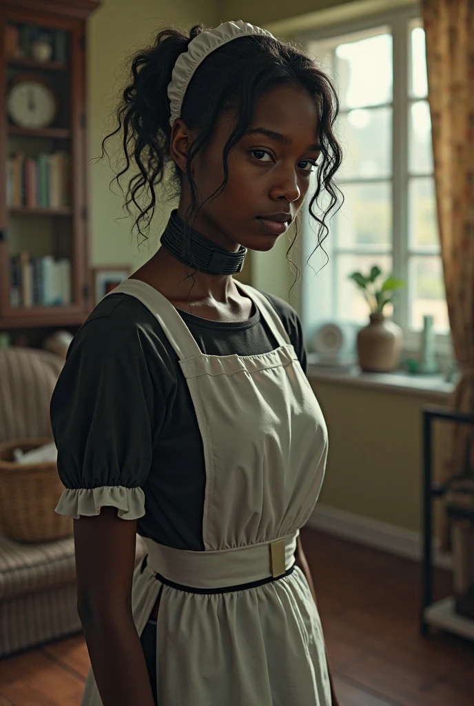 1fille, 30 ans, black skin, africaine, 18th century slave, frizzy black hair, dressed as an 18th century cook,