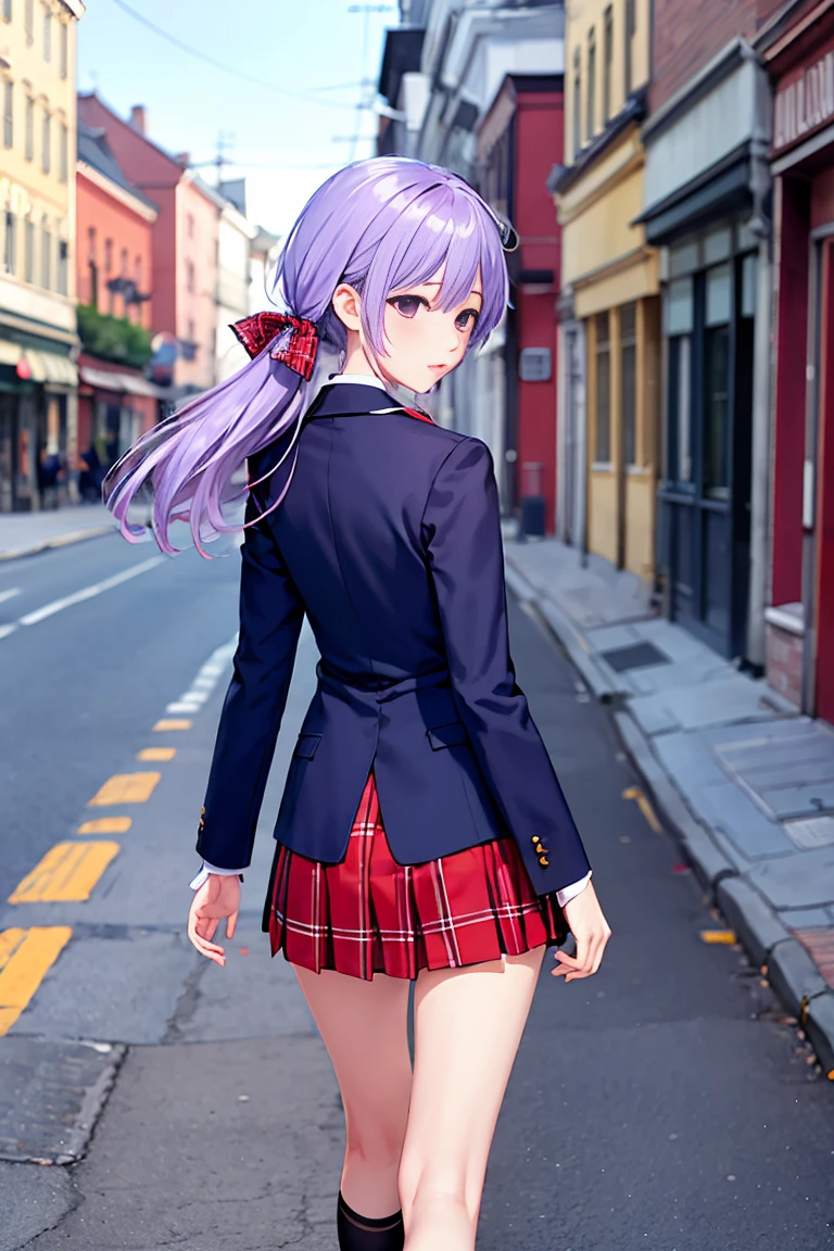 chica de secundaria, chaqueta azul oscuro, Pink super miniskirt, Corbata rosa, Medias, pelo largo y rosa, Solo, academia、arcoiris、brillantez、cuerpo completoesbiano, mirando al espectador, Vista frontal,