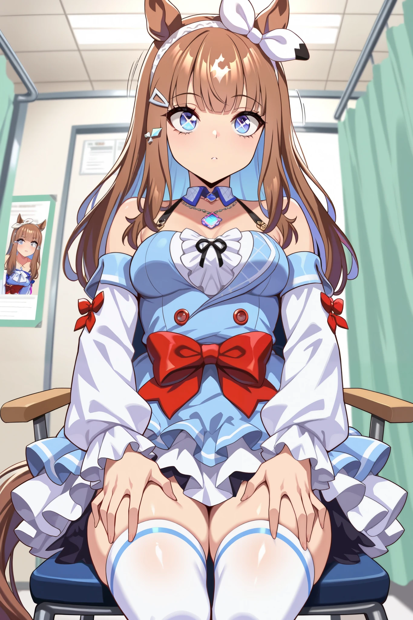 (masterpiece, ultra high definition, 16k, RAW photo, intricate), (sharp focus, crisp details), rich colors, vibrant details, noise reduction, 1girl , ((almond eye \( Uma Musume\)), Infirmary, sitting chair, Put your hands on your thighs, official costume, Motion line, motion Effect, (cowboy shot), blue eyes, x-shaped pupils, sparkling eyes, hairband , (red ribbon:2), blue dress, detached sleeves, frills, bare shoulders, medium breasts, bow, layered skirt, horse tail, white thighhighs, necklace, (Very slim thighs), simple background, blur the background, nsfw