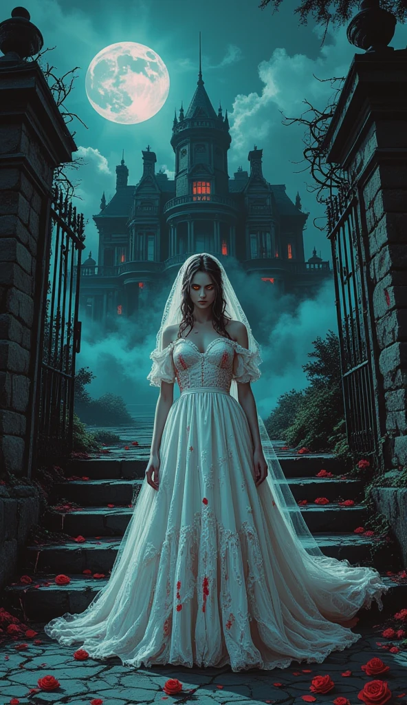 In the night graveyard near the open coffin standing beatiful pale bride female, she have pale skin, beatiful face with silver eyes dark red lipstick black eyeshadows and black tear trace on her face, her haie is black as the darkest night, she dressed in old wedding dress with holes and blood stains and bare feets, in her hands she holding withered black rose bouquet, she have greennish glow aura around her, there is blood moon in the sky,(ultra high quality fantasy art, ghothic dark fantasy style, masterpiece, ultra high quality character design, 8k quality anime art, realistic anime art, top quality wallpaper illustration, detailed ultra high quality accurate face, high quality design and accurate physic)