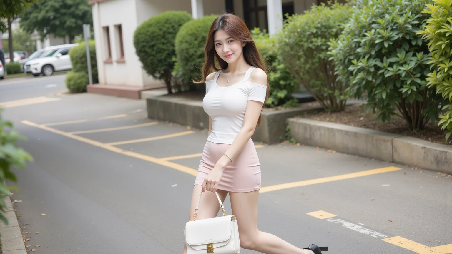 (8k, best quality, masterpiece:1,2), (realistic, photo-realistic:1,37), top quality, masterpiece,  a beautiful woman, wearing a shirt for women crop v neck top white t-shirt korean fashion women t, beautiful and toned body, cleavage, floral mini skirt, walking in the suburbs, slightly drizzling night background, shops with Korean shop lights , slightly wet asphalt, seductive smile with dimples,