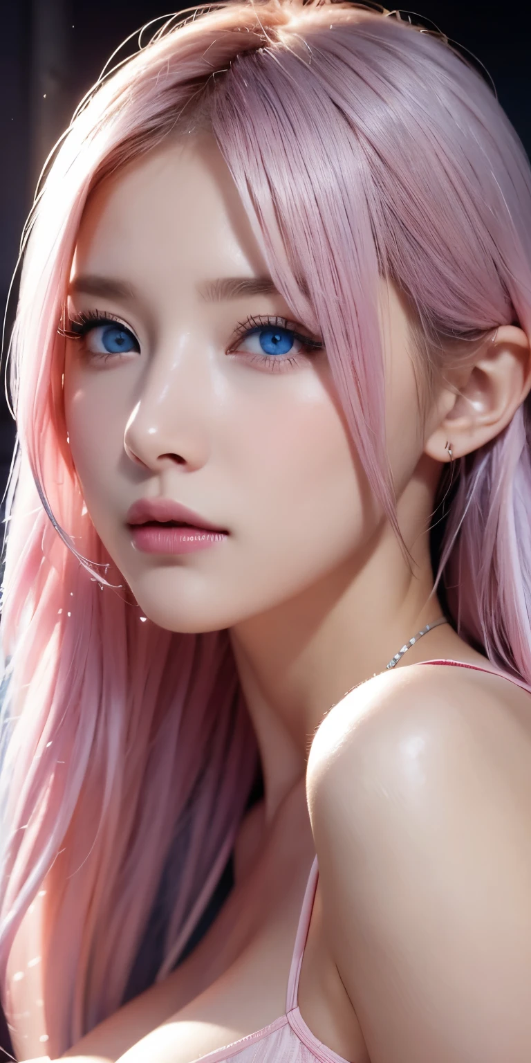 portraits , Practical, blue eyes, Pink Platinum Hair, Big Breasts, 4K resolution , High Quality CG, Beautiful CG, Soft light ,