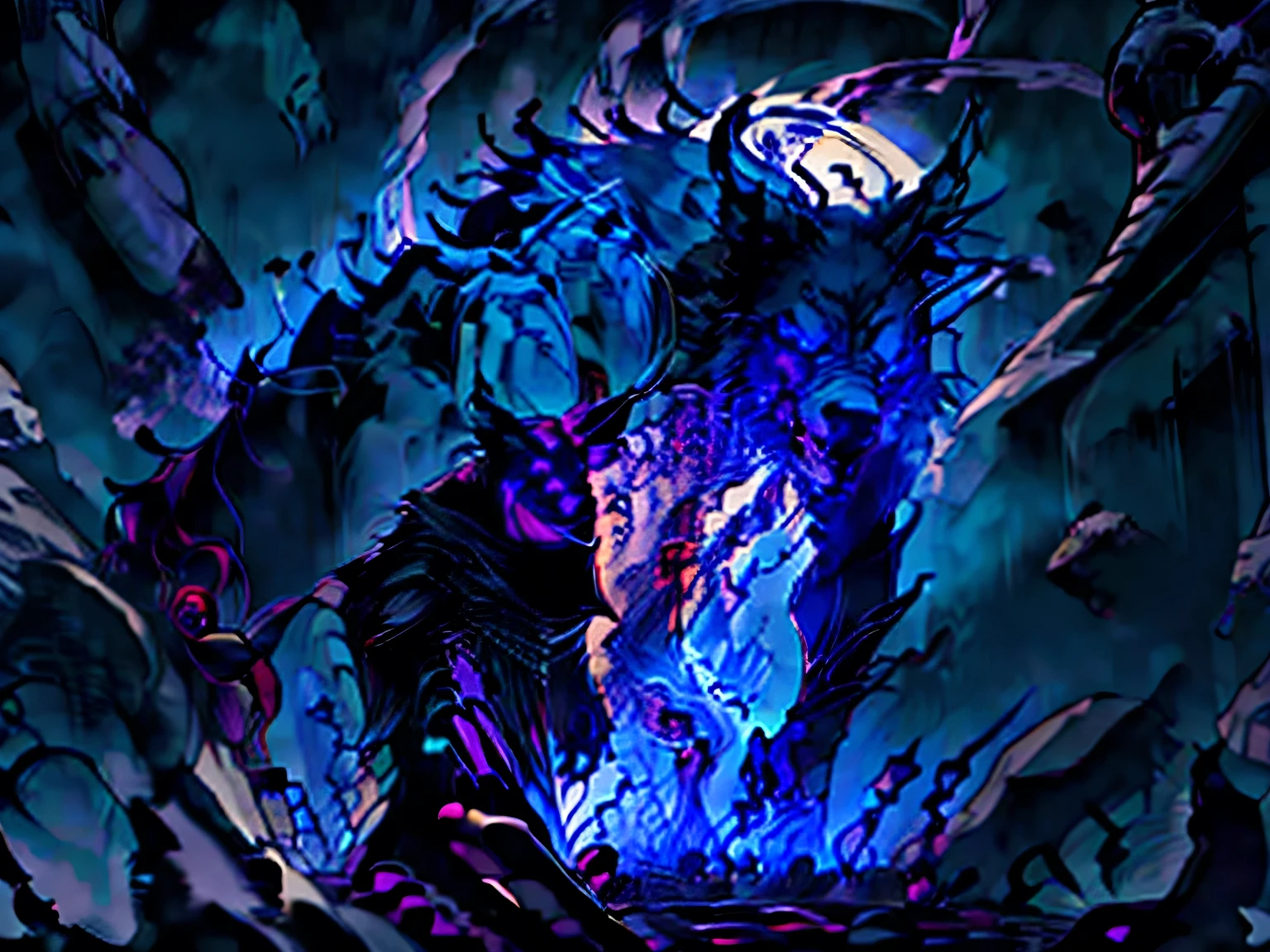 two wolves caught in tentacles and fucked in limbo, tentacles by the hands hanging hands clasped tentacles more tetacles less details Without clothing