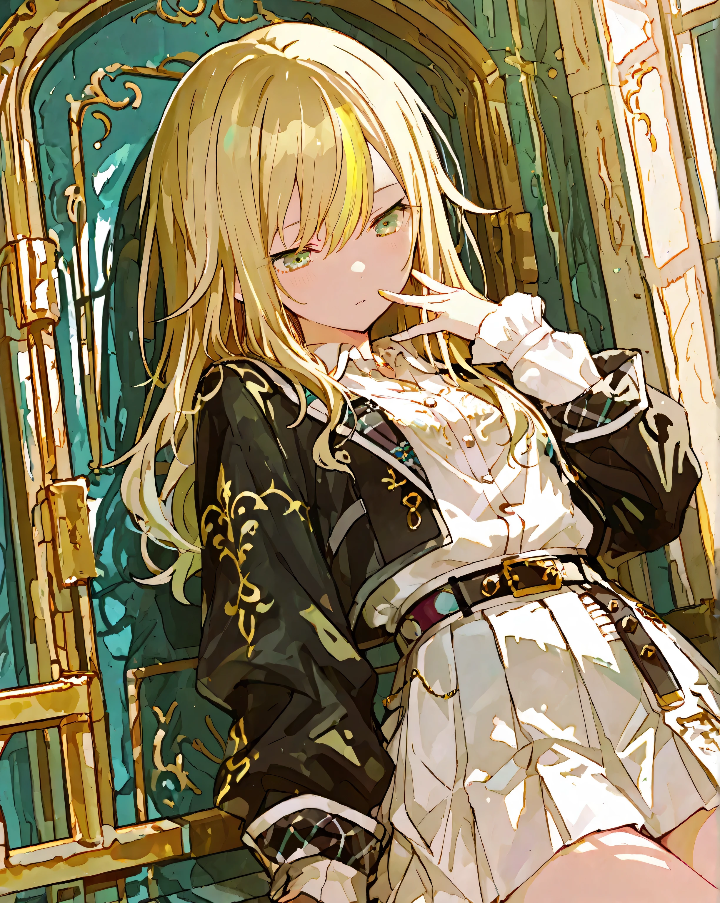 1 girl, skirt, solo, gold hair,green eyes,pleated skirt, , white shirt,jacket, miniskirt, shirt, long sleeves, belt, white skirt,black jacket, ,, , ,748cmstyle,project sekai; soft; pastel; colorful; detailed; details; masterpiece; high quality; best quality; ultra details; amazing; stunning; illustration