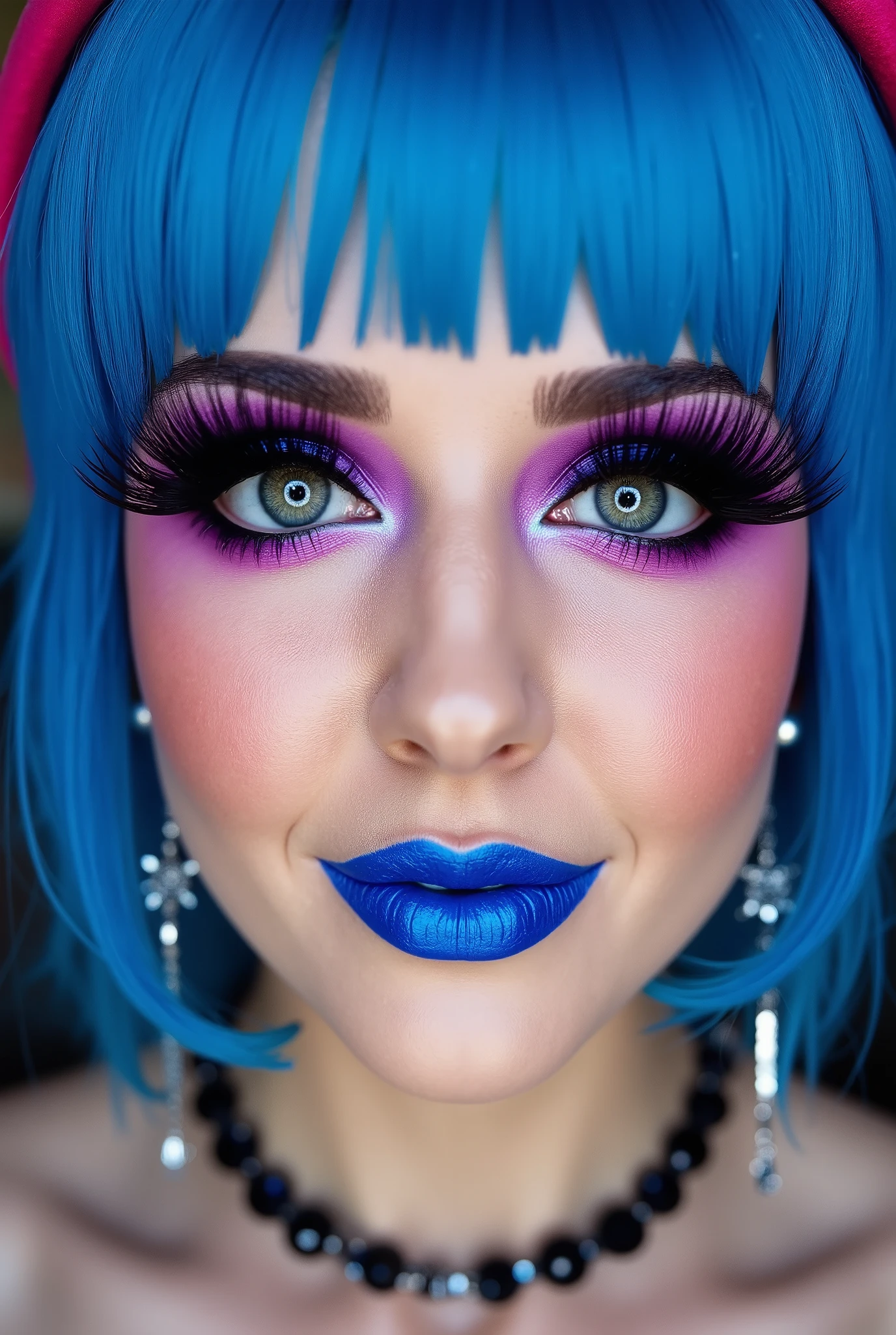 incredibly long and voluminous false eyelashes, bright purple makeup, bright blue hair , diamond earrings , collar, blue lips, her lips are pursed., hair pinned with a comb , high face, She laughs