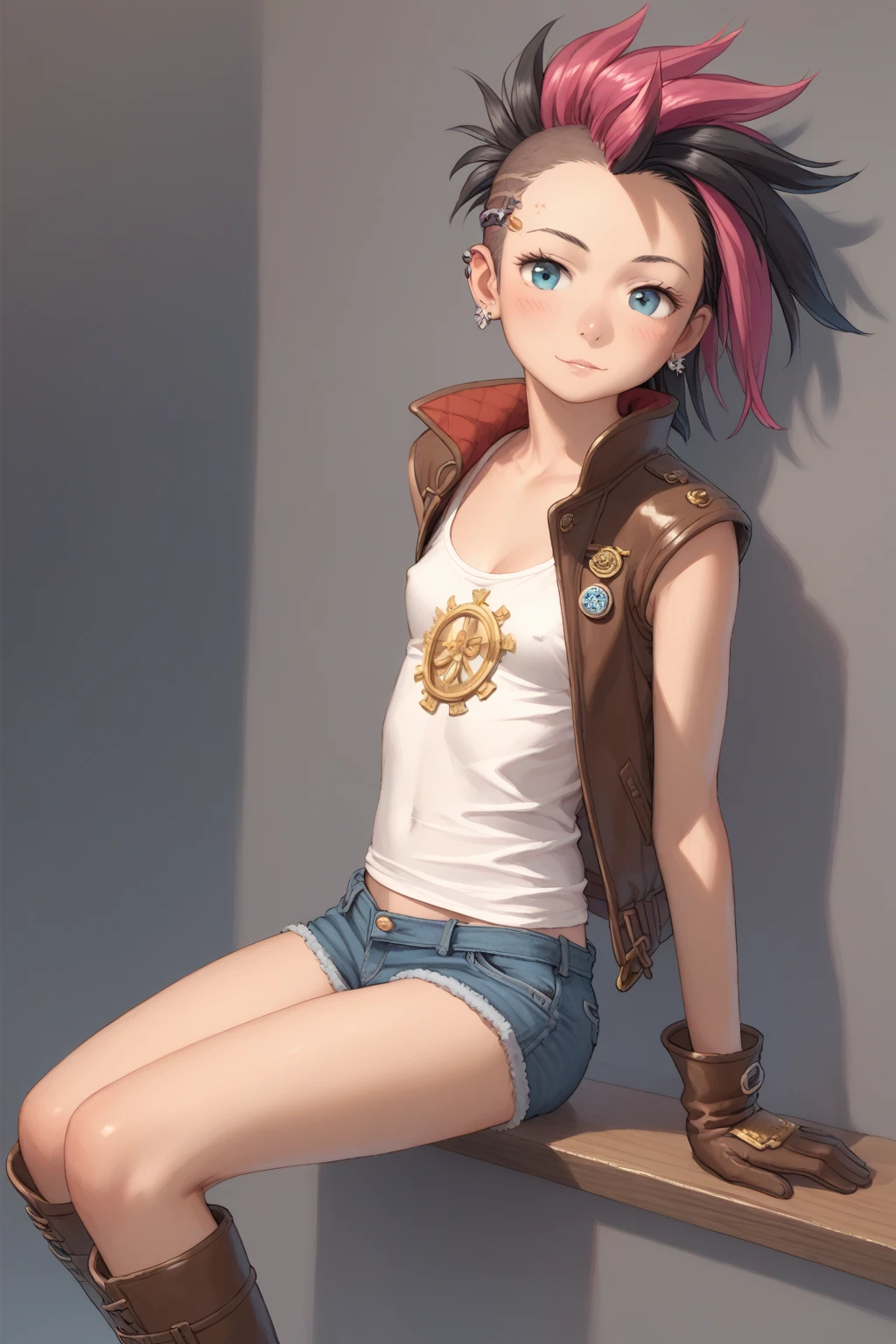(((((with pink hair,Emerald Eyes Beautiful Valley,)))))(((white beret,Denim jacket,Flared pants,long black gloves))), (Geometric:1.1), ((1 girl,Mature girls,Alone,cow boy shot,))(tmasterpiece,Best quality at best, offcial art, Beautiful big breasts and big breasts aesthetic:1.2),(8K),((little breast)),Focus sharp,highdetailskin,Costume details are intricate,Delicate pupils,((((detailed头发|short detailed hair|bluntbangs,)))),Elongated,(tmasterpiece侧光),(The sheen),(beautiful hairl,漂亮的The eye),((graffiti wall background)),((exceedingly_detailed_The eye_big breasts and big breasts_the face)),Movie Girl,Excellent quality