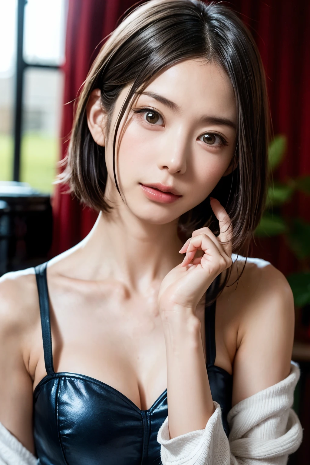 (masterpiece, highest quality、super dense skin、get used to it),1 girl, alone,Beautiful symmetrical face、 hyper realistic, realistic,realistic, light brown eyes stare at the viewer,Brunette short bob hair with highly detailed shiny hair、intense eye highlights), See-through brightly colored winter clothes,Lovely see-through costume full of charm、 lips,lip gloss, outdoor, Upper body、Big eyes、eyelash、{Huge|big|Hugeな|mega} chest:2, cleavage:2、(Big eyess short bob hair beautiful detailed eyes、Adds intense highlights to your eyes with eye-catching light、large full chest、look at the audience、she is very beautiful and cute、show me your ears、long neck、smile、Close your mouth and smilee、perfect anatomy、ideal body proportions、Please tilt your head slightly)、(Snow-covered tree-lined street in Norway in winter)、(she is a very cute and attractive woman)、portrait:2