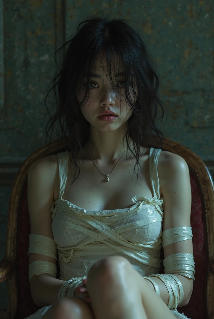 An intense and moody masterpiece of an extremely detailed CG unity 8k wallpaper showcasing a woman with a ripped and torn dress, messy curly hair, and an intense expression. The low-key lighting adds to the atmospheric drama of the scene.