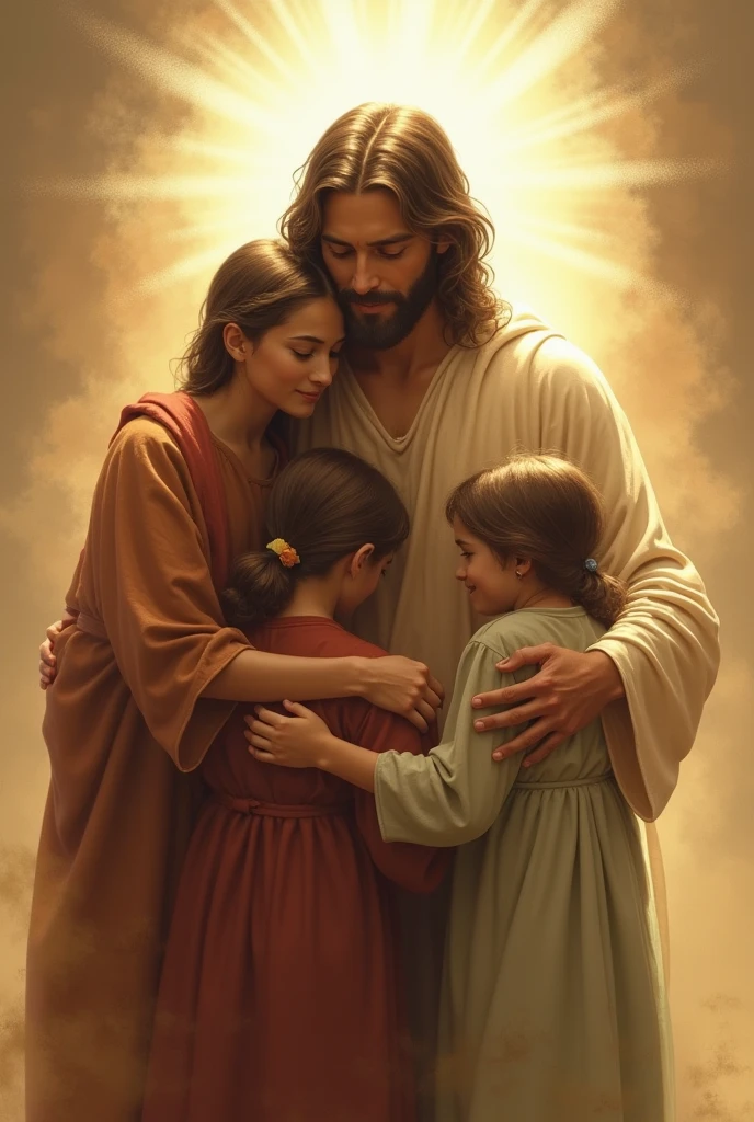 8 young people from behind hugging Jesus Christ from the side on a white background