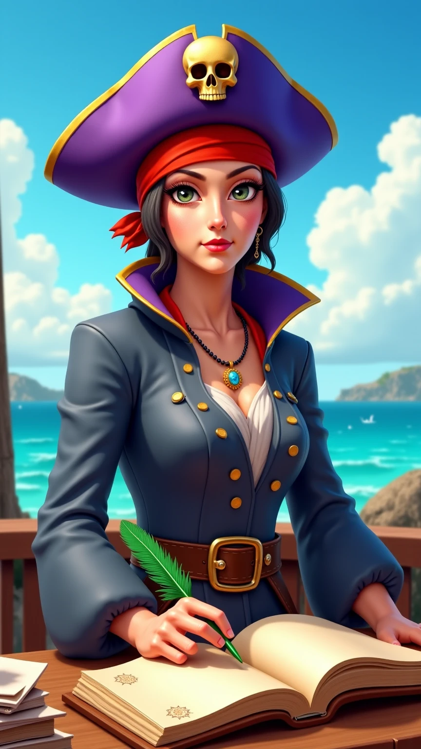 (masterpiece, highest quality, illustration), fantasy, upper body, solo, woman, smirk, smug look, brown hair, brown eyes, freckles, pirate outfit, cropped pirate jacket, pirate hat, (navel:0.5), cleavage, standing, outdoors, tropical island, ocean, clouds, sky