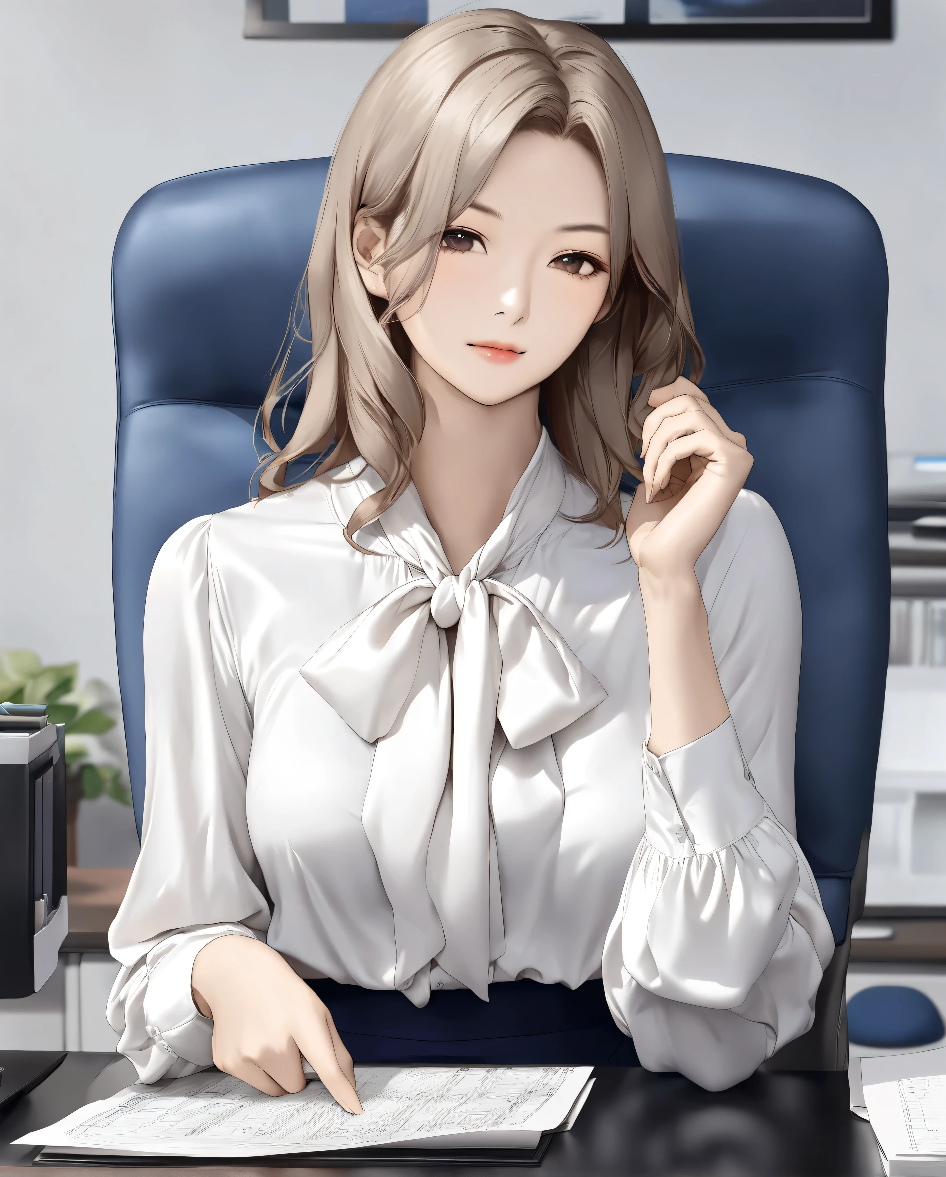 bow blouse, anime - style image, a woman sitting on a chair in the office room, Short cuffs, Realistic body structure, A body with perfect style, (((Pulling a bow tie with one hand))), (((classical and office style Soft material shiny white tie-neck blouse))), (((Slightly dull white office style classical tie neck))), seductive anime girl, 8k, Score_9, Score_8_up, Score_7_up, realistic office lady, Soft material long sleeves blouse with a regular cuffs, regular sleeves, A realistic Soft material blouse, realistic tie-neck, fine details, a couple tie neck, A tie-neck in the same color as the blouse, Slightly dull white bow tie, attractive anime girl, Symmetrical ribbon, hyper-realistic office lady, smooth anime CG art, beautiful anime office lady, The bow tie is meticulously tied in a perfect, bow tie with large loops ribbon, the ribbons are slightly curled at the ends, The knot of the bow tie is meticulously detailed, showing the intricacies of its construction, Subtle shadows define the contours of the bow and the delicate folds of the ribbons, anime visual of a cute 26-old woman, navy blue mini tight skirt from H&M, the tight skirt non-glossy polyester, soft lighting, There is no color other than navy blue in the skirt,