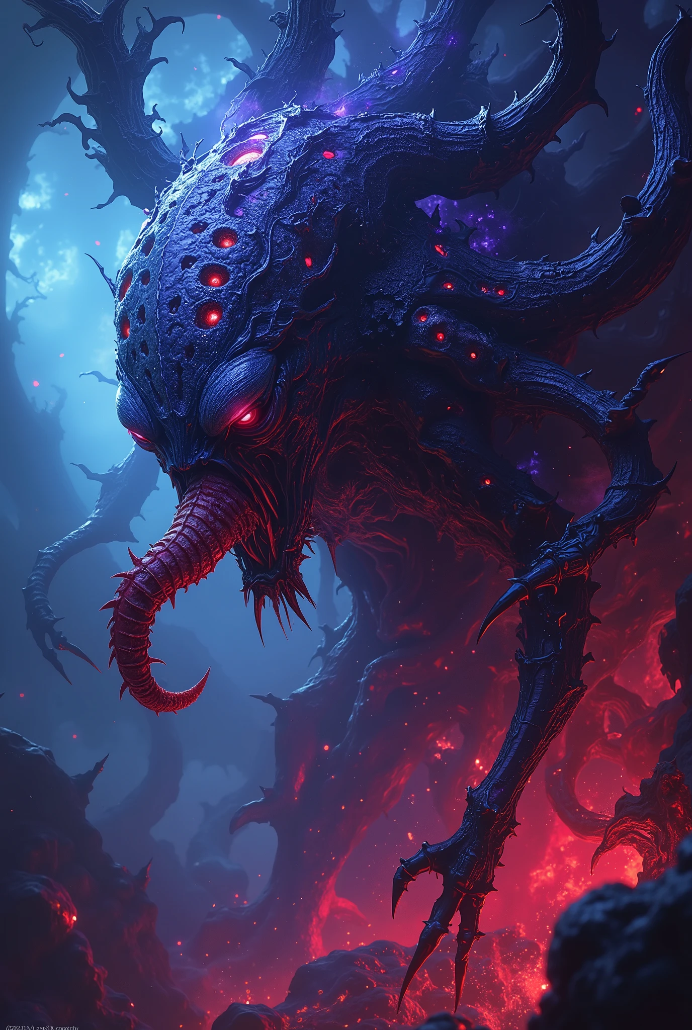 (best quality,4k,8k,highres,masterpiece:1.2), ultra-detailed, (realistic,photorealistic,photo-realistic:1.37), (((There is a female genital-like organ on her head:1.7))), (There's a pussy on her forehead]1.3), 1 creature, otherworldly, Lovecraftian, chitinous skin, bioluminescent patterns, vivid color palette, eerie lighting.(NSFW:1.4), white, pink, green, very sharp long red claws, (She has bioluminescent all over her body:1.3), erotic, (NSFW:1.5), fractal, tangle, entangle, zentangle, destroyed anatomy, (extremely thin waist:1.2), ferocious predator,