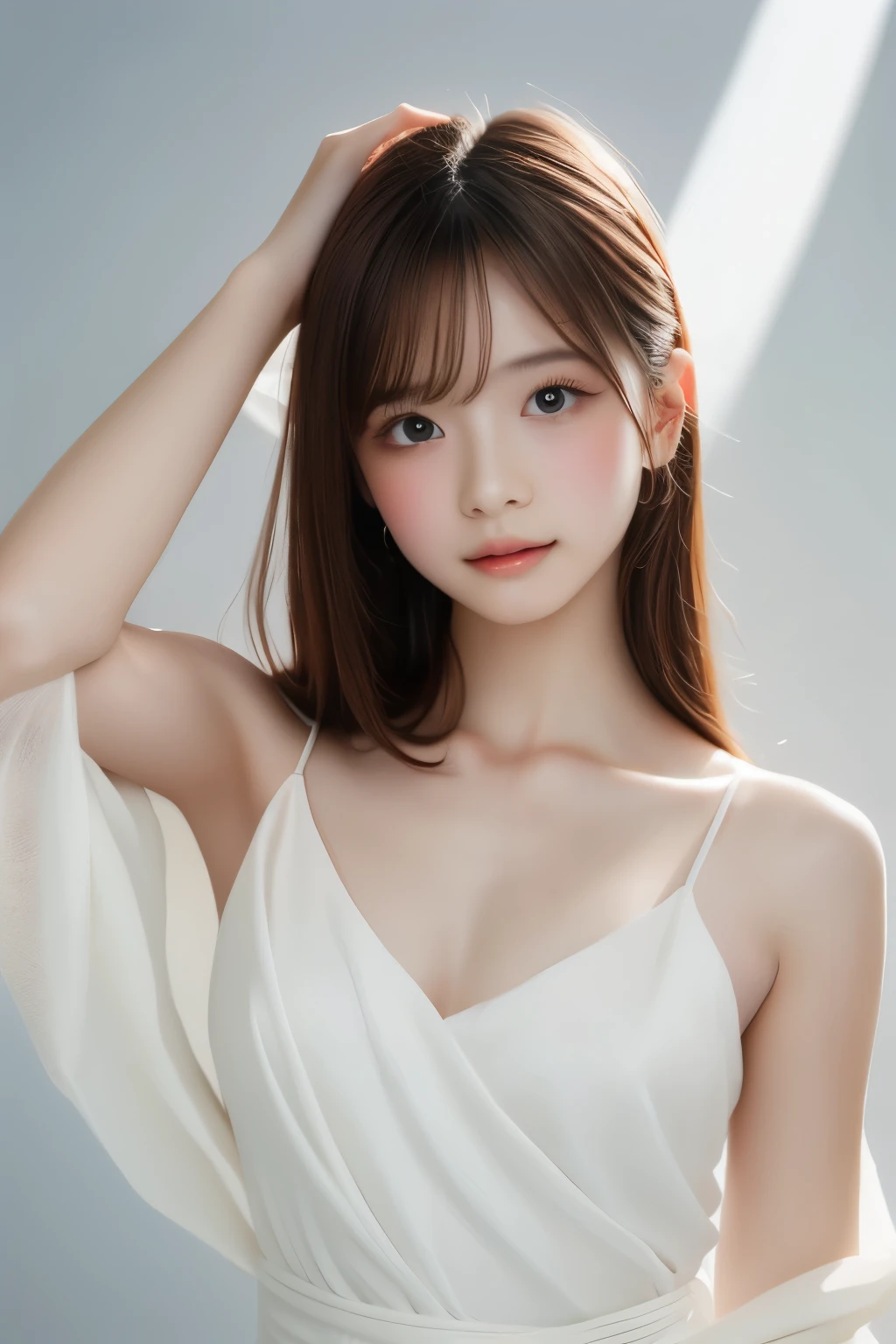 Tabletop, highest quality, shape, Very detailed, finely, High resolution, 16k, Perfect dynamic composition, Straight hair, Medium Hair, Brown Hair,Natural color lip, smile, 20歳のgirl、cute、beautiful、完璧でbeautiful顔, beautiful and detailed face, Slim face and body, Elegant face, KPOP idol faces、Japanese idol faces、Small face、Big eyes, Brown eyes, Droopy eyes, 緻密でbeautiful目, girl, , Hairpin and flower, night, , Front face、Upper body Armpits Please raise your hands and show us your armpits.　smile　cuteポニーテール, 正面からのbeautiful照明 正面を向いて 脇 両手を上げて 万歳 脇の下 脇の下を見せる  ノースリーブ 二の腕を見せる 二の腕 両手を上げる 両腕を上げる メガネ おっぱい 巨乳 谷間 二の腕の裏 舌 舌なめずり 舌を出す あっかんべー