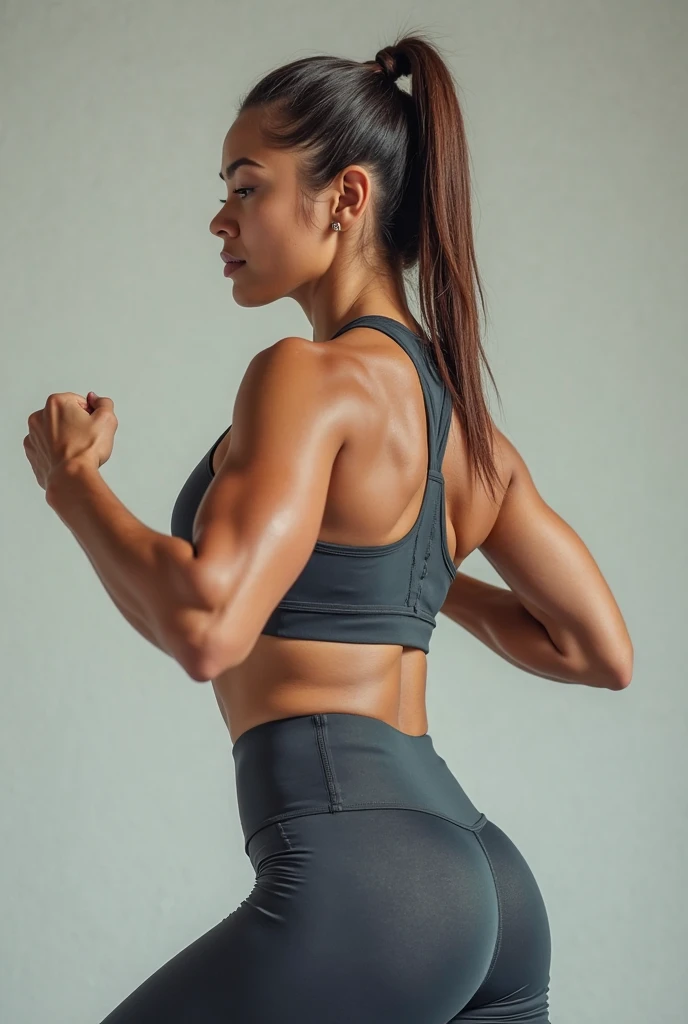 A imagem mostra uma Woman por trás, facing away from the camera. She is wearing a blue sports bra and shorts, shorts cinza justo. His arms are raised above his head, possibly in a stretching or celebratory pose, coast pose, shot back, showing the shoulder from behind, seen from behind, hunched shoulders, from behind, Bent over pose, seen from behind, waist reaching ponytail, parte inferior das costas, bendover posture, Woman in good physical shape, mulher fitness. The background is undefined, featuring a black curtain that sharp contrasts with the woman's attire. Woman, ((work of art, best qualityer)), full body view, skin detailed, highy detailed, cinematic lighting, ultra realistic, dark brown hair, medium hair, portraite, full body view, sharp contrast, close up, cinematic light, ultra-high resolution, CRU. Woman with white skin and dark brown hair. she is about 40 years old, 165 cm tall and weighs 56 kg. She has a perfect mouth, a face perfect. Your body exudes glamor and your face is a definition of beauty. slenderbody, Waist slender. highly realistic, Hyper-Realism, very elaborate skin, face perfect. clear photo, high resolution, high qualiy, work of art, 16k photos, Alto sharp contrast, work of art, Kale, Kale, NSFW