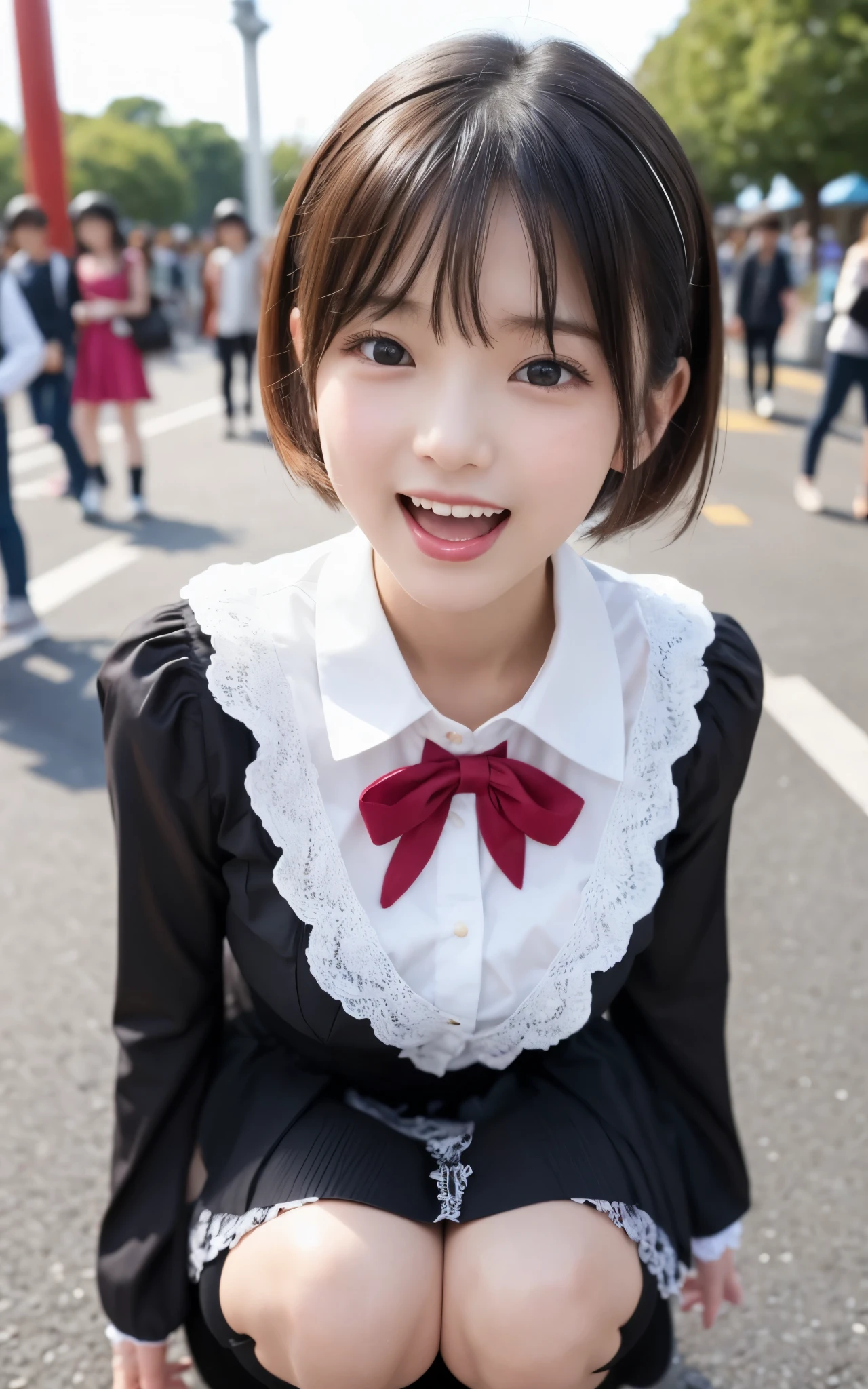 ((top quality)), ((masterpiece)), Realistic im ages 、Other than the front、Very bright expression、 big smile、 Japanese Girls、 realistic im age of the eye area 、small、 look like 、、Fourth grade elementary school student、small 、petites、 elementary school student、Medium bob hair 、 medium hair、black hair、 slim、 body 、 very thin body、Hide your chest、、、 body 、 slim、 slimming、、 look like 、real face、small、long sleeve gothic ta fashion clothes、 's body、、thin body、Amusement park background、Photograph from below、Went from below image、viewed from below、squatting、crotch is open、Laughing with Her Mouth Open、sticking out the tongue、