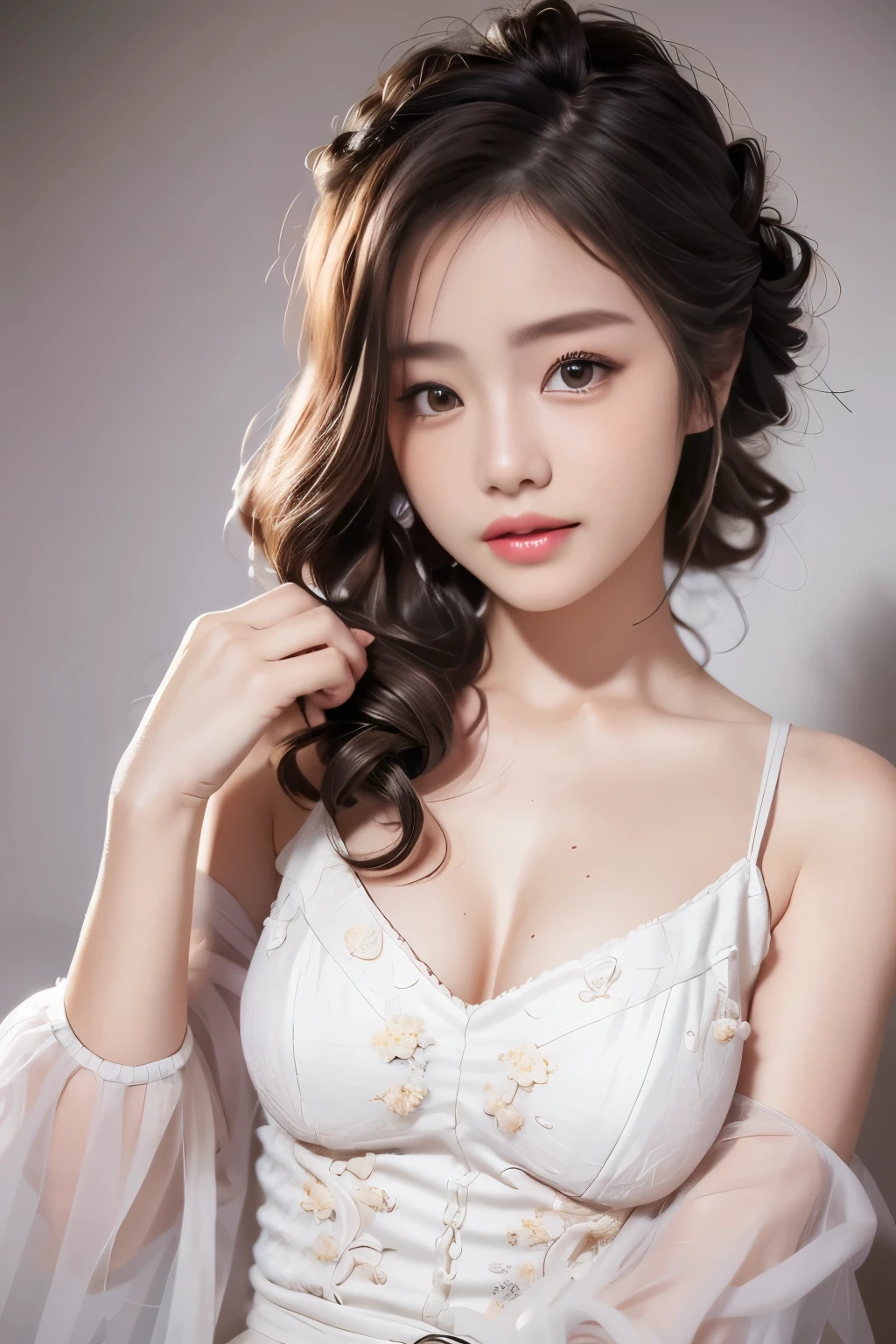 Fashion trendy beautiful, gentle and charming Taiwanese lady, (jpop idol), (big breasts), delicate and sexy collarbone, oval face, double eyelids, smart peach blossom eyes, pink lips, small nose, bare shoulders, focus on the face, close-up of the face, Ultra-high-definition, super-detailed, full-body photo, ultra-thin and light-transmitting, the white off-the-shoulder shirt perfectly echoes the silver blue slit skirt, fresh and good, and can be see through, sheer fabrics, areolas slip, (NSFW:1.025)