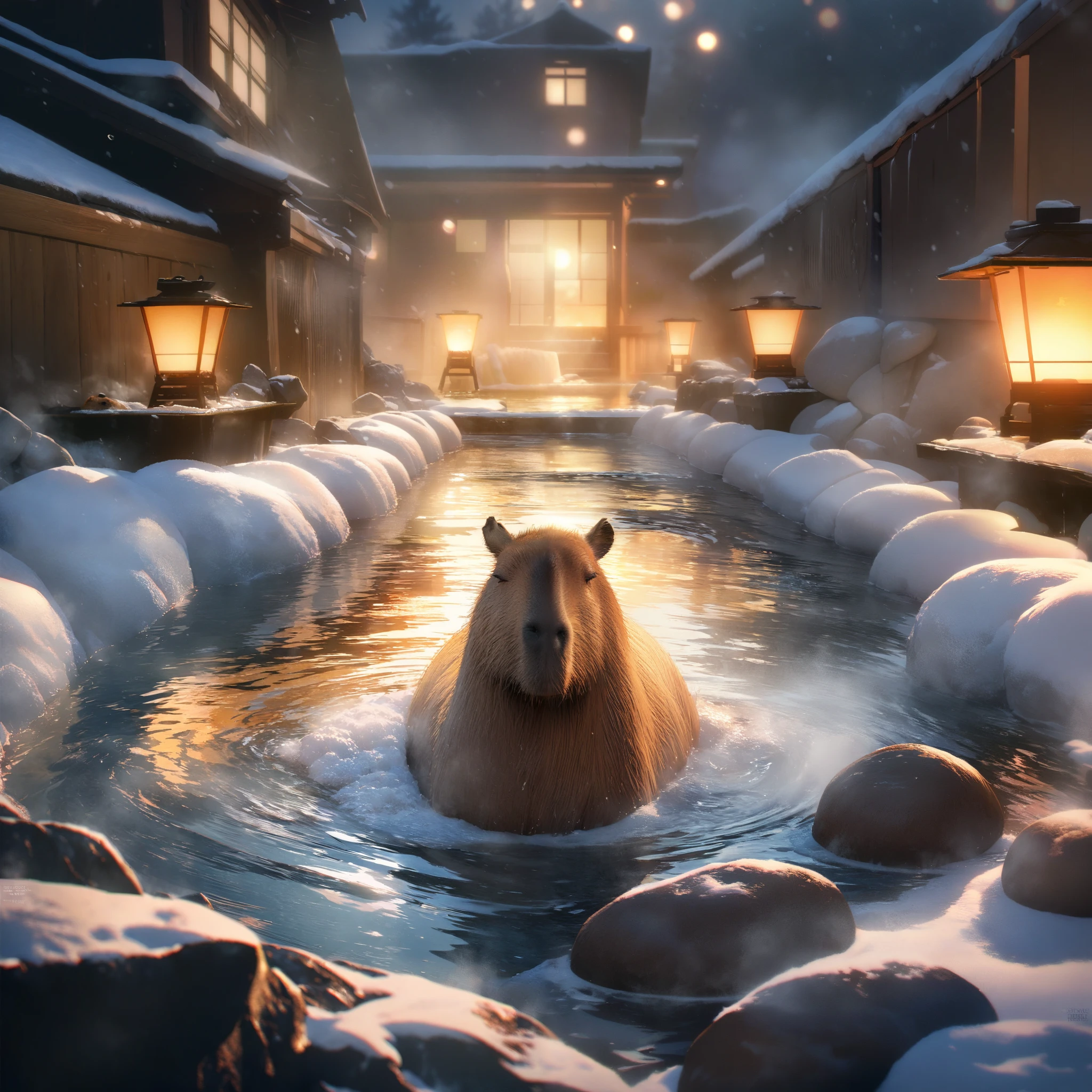 (best quality,8k,highres, masterpiece:1.2), ultra-detailed, HDR, UHD, studio lighting, ultra-fine painting, sharp focus, physically-based rendering, extreme detail description, professional, vivid colors, bokeh, portraits, concept artists, warm color palette, dramatic lighting,no humans,Japan open-air bath,one capybara is bathed in abundant boiling water in an open-air bath surrounded by rocks, steam, snow is piled up around it, capybara with closed eyes, detailed snowscape, steam is on top of the open-air bath,