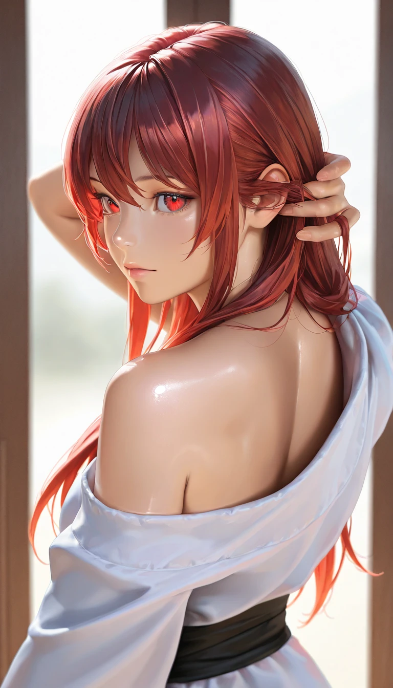 (best quality:1.3), (4k quality),(sharp image), Mei, ((Detailed face)), ((masterpiece face)),((perfect detailed eyes)) (blush), Mei, orange hair, long tied orange hair, green eyes, pink lips, pink lips, sly face, face with stern features, ((detailed face)), perfect face, highly detailed eyes, ((adult face)), masterpiece, absurdres , (intricate details), (colorful),cinematic lighting, extremely detailed CG unity 8k wallpaper , 1girl, solo, mature female, erected tits, fit body, cameltoe, ((tight blue tight dress)), fit slim body, standing in seductive pose