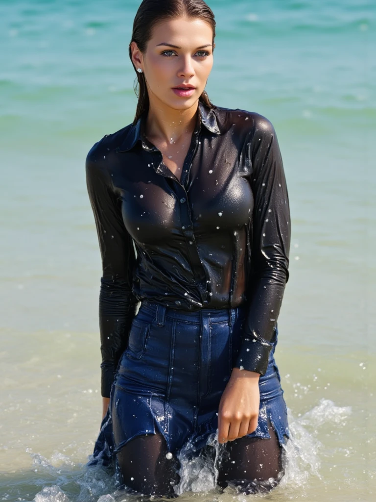 rain soaked business woman in wet blue skirt and wet sheer white blouse and wet glistening pantyhose standing under a beach shower