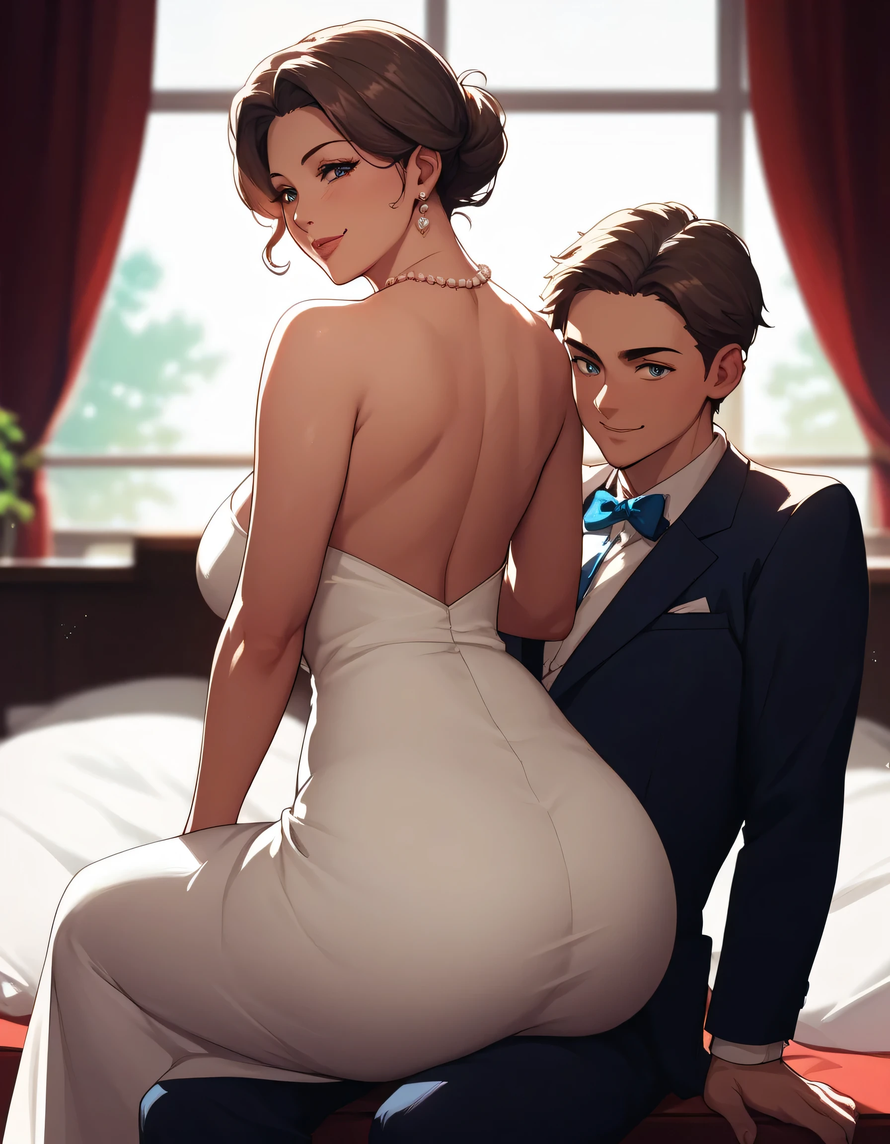result_9, result_8_higher, result_7_higher, source_anime, 1 boy , one girl, mature female, The mother and the husband's son , mature male, seductive smile, looking at the viewer, Mother sitting, The husband's son is attached to his mother, white dress, From the back, (focus on her hips), riding on the husband's son