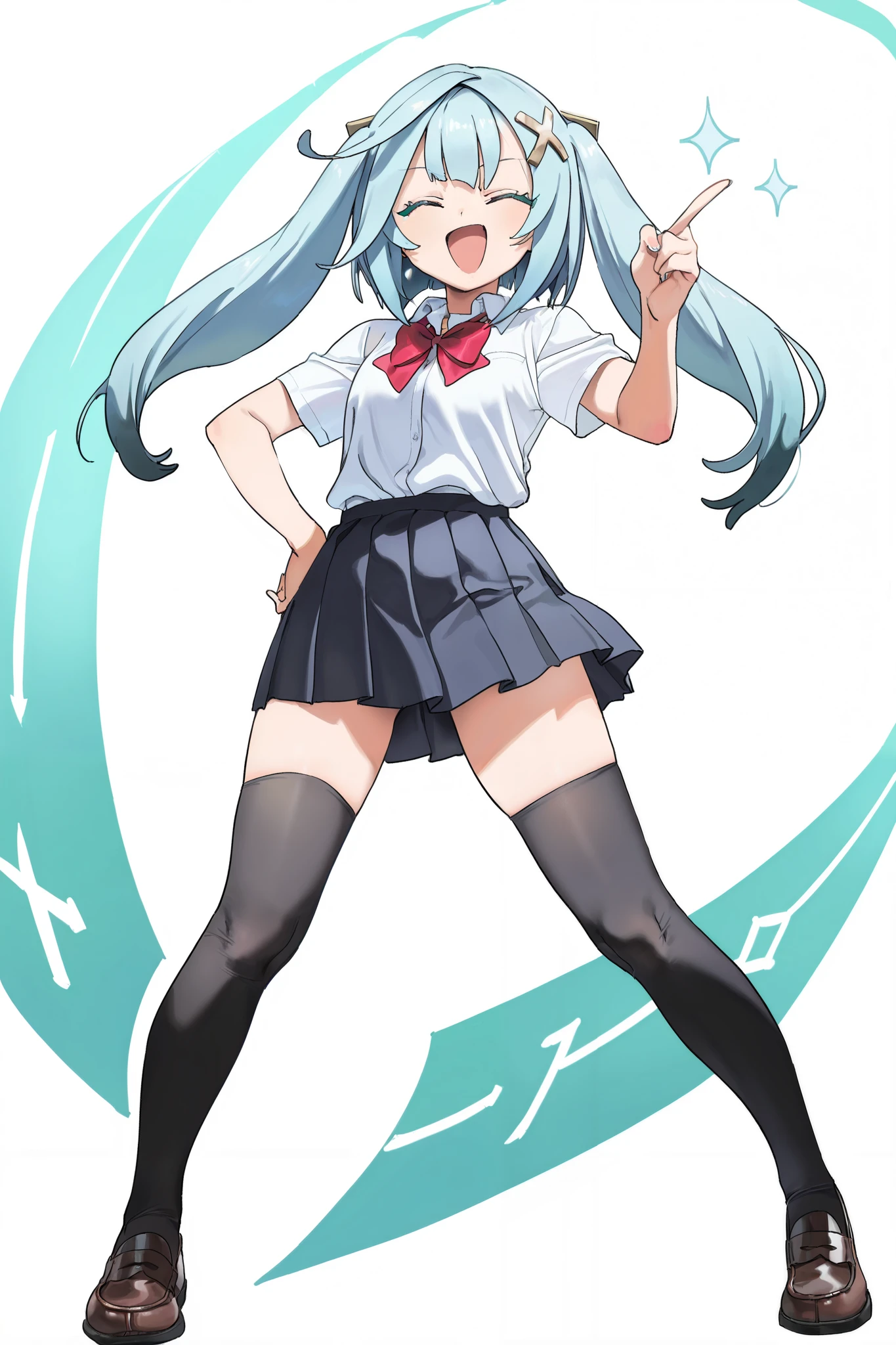 score 9, score 8 up, score 7 up, ultra-detailed, (best quality, masterpiece, ultra detailed, ultra high res, absurdres, high-resolution, highest quality, very aesthetic, textile shading), source anime, (detailed eyes), (detailed face), , , simple background, white background, (Number of fingers is 5), BREAK, (dorontabi), 1girl, solo, (faruzan /(genshin impact/)), alternate costume, school uniform, collared shirt, skirt, pleated skirt, white shirt, short sleeves, smile, black thighhighs, thighs, slim, index finger raised, hand on own hip, loafers, closed eyes, smug, open mouth,