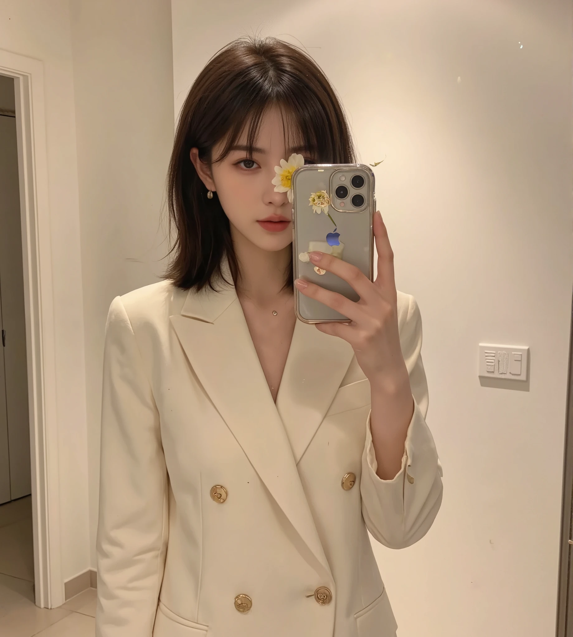 A young woman with shoulder-length dark hair wearing an elegant cream-colored double-breasted blazer. She is taking a mirror selfie with a modern smartphone while holding a delicate yellow flower in front of her face, partially obscuring her features. The background is minimalistic and neutral-toned. The lighting is soft and warm, creating a stylish and artistic aesthetic.