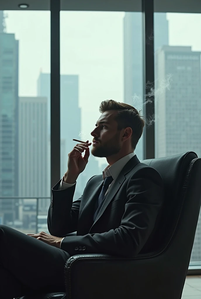 a skyscraper office in the big city, a male cyborg sits in a luxurious chair and smokes a big cigar, high quality, absurdres, masterpiece, beautiful, intricate details, 1/2 body crop, slim body, beautiful figure, magnificent anatomy, (intricate details:1.12), HDR, (intricate details, hyper-detailing:1.15), (natural skin textures, hyper realisitc, soft light, Sharp:1.2)