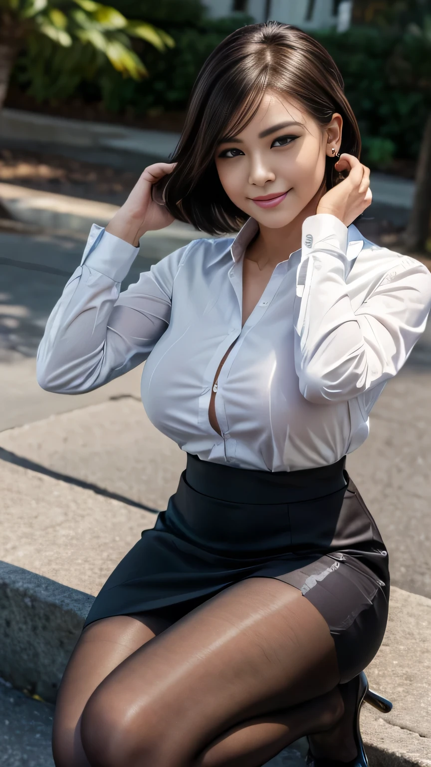 1girl, (8k, RAW photo, best quality, master:1.2), (realistic, photo-realistic:1.37), solo, ultra-detailed, lacepantyhose, Long shots, beatiful background,,The shirt,a skirt, .Hands stroke your chest