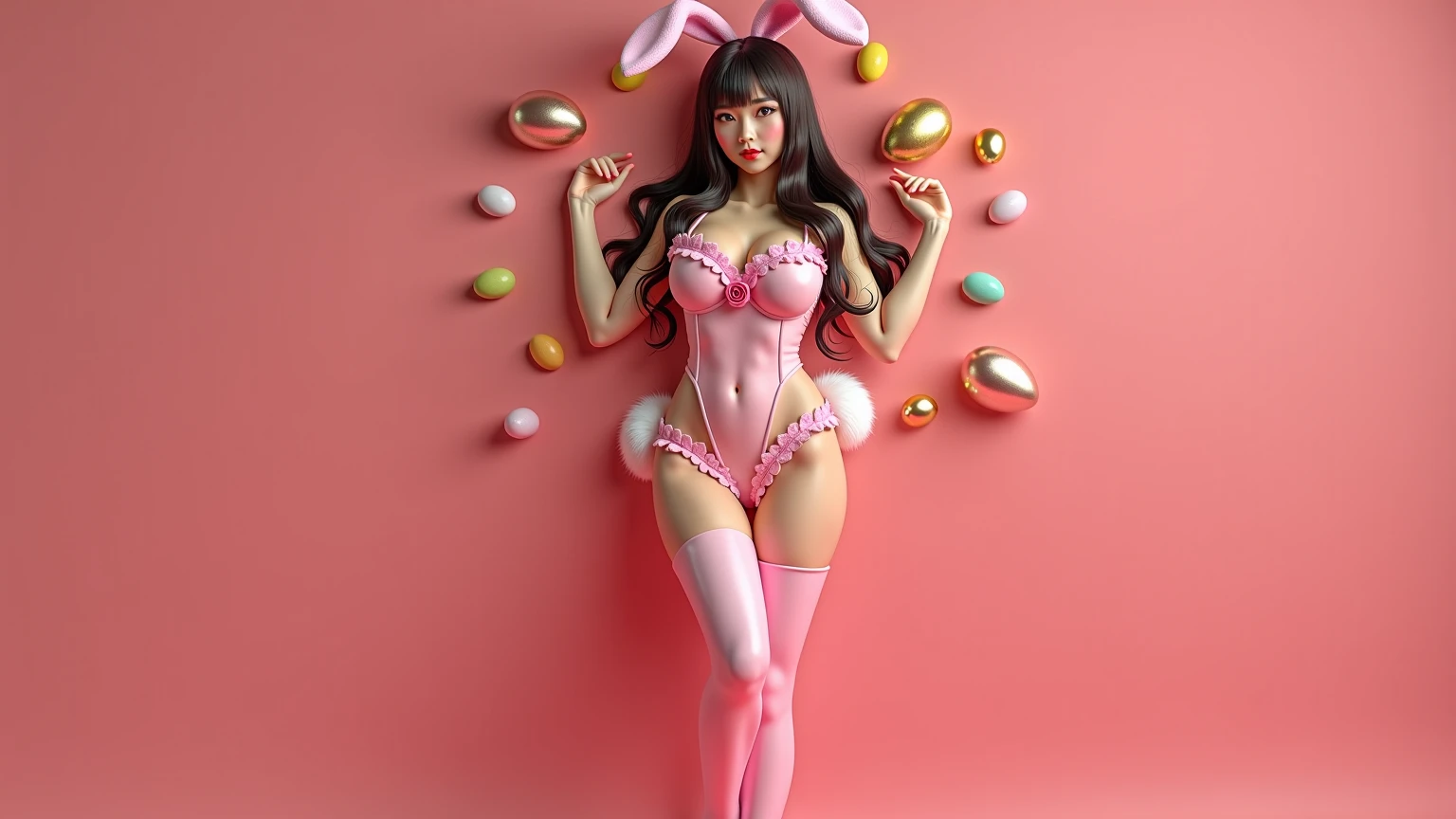 1 girl, katara, 12 yo, solo, ((Santa Claus micro bikini Insert in the lipicro Bikini、Santa Claus Costume, long hair, messy hair, no bra, beautiful breasts, perfect erect nipples, looking at viewer, blue background, black hair, two side up, blue eyes, (happy smile), beautiful lips, luring smile, slightly sexually aroused, voyeurism, ribbon, hair ribbon, bangs, yellow pink micro turtleneck sweater, upper body, parted bangs, pink ribbon, micro ribbed yellow sweater, twintails, nose, ((perfect young body proportions)), perfect legs, beautiful legs, beautiful , (perfect beautiful ass), (((shiny oiled skin))), ((detailed open wide lips)), nsfw, seductive pose, pink christmas colored ballons around, white snow in the air, (erotic nfsw fantasy), 8k.