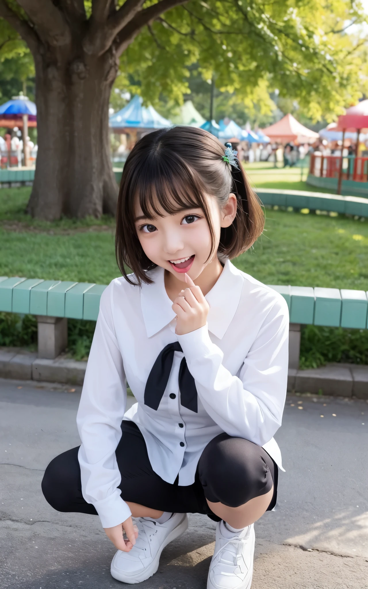 ((top quality)), ((masterpiece)), Realistic im ages 、Other than the front、Very bright expression、 big smile、 Japanese Girls、 realistic im age of the eye area 、small、 look like  、、Fourth grade elementary school student、small子ども、Petite、 elementary school student、Medium bob hair 、 medium hair、black hair、  slim、  body 、 very thin body、Hide your chest、、、  body 、  slim、 slimming、、 look like  、real face、small、Lolita fashion clothes with long sleeves、  's body、、thin body、Amusement park background、Photograph from below、Image taken from the front、viewed from below、squatting、crotch is open、Laughing with Her Mouth Open、sticking out the tongue、
