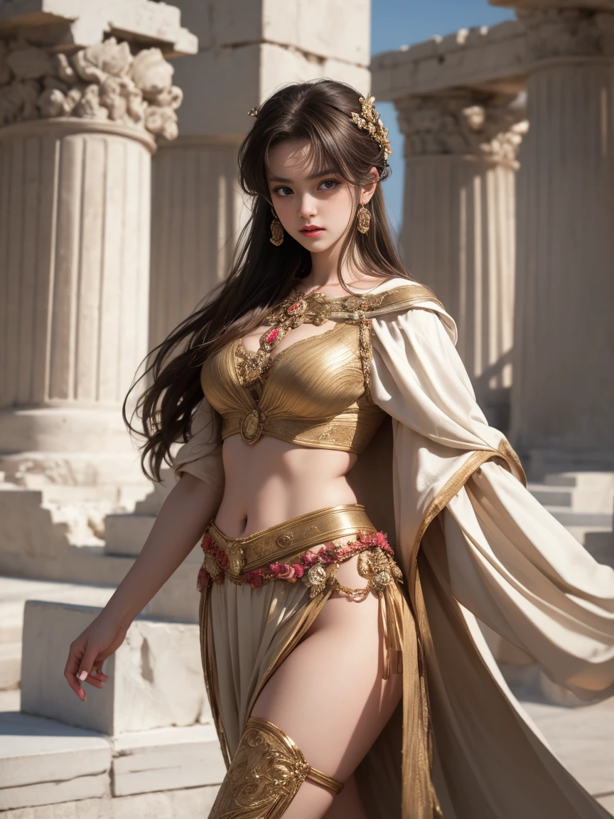 Beautiful young princess wearing indian dress in a detailed palace background （8K，highest quality，master piece：1.2），（realistically，realistically，realistic：1.37），2 girls，hyper detail，Beautiful detailed eyes Beautiful detailed nose，Completely naked，Highlights，（（stand up）），roof，handrail，Small town，pylons，utility pole，plant，Front lens