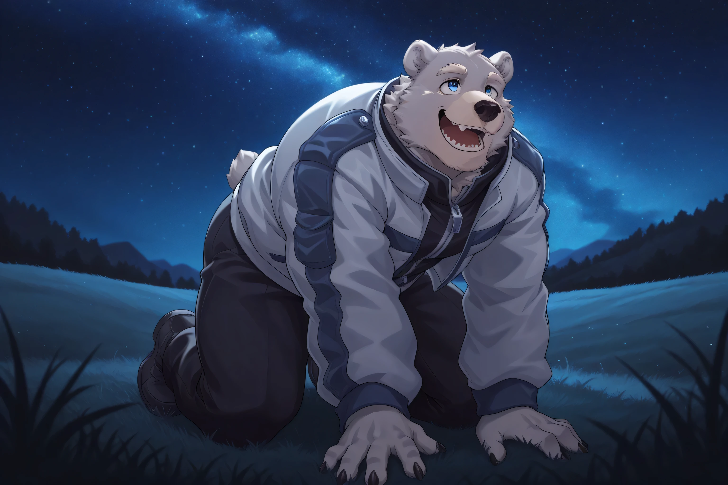 bear, gray fur, bear face, blue eyes, white eyebrows, cropped distressed jacket, black pants, kneeling, leaning forward, hands on the ground, looking up, smiling, intense emotions, slightly open mouth, starry sky, grassland, high contrast shadows, score_9, score_8_up, score_7_up