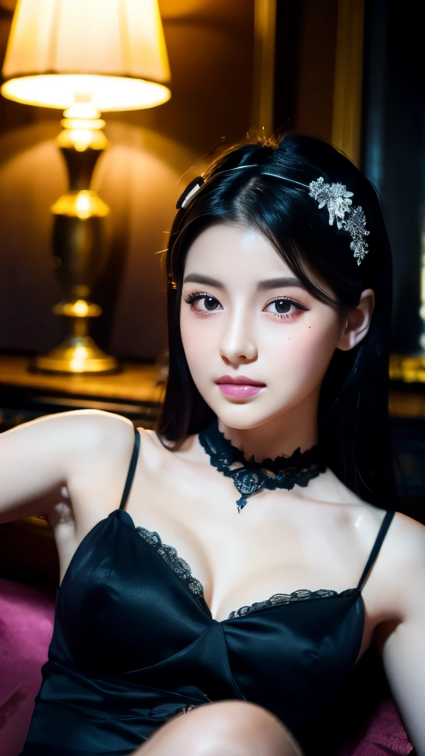 2girls、best quality、ultra-detailed、4k、Japanese、Seductive beauty、seductive adult woman、Pretty Woman、cool girl、Villainess、Brainwashed、brainwash、Fallen into evil、smirk、Evil look、Wicked Smile、evil、Brown hair、wavy hair、swept bangs、dark makeup、dark makeup、piercing eyes、hollow eyes,half-closed eyes、Hollow Eyes、Purple Eyeshadow、black lipstick、black lipgloole around the mouth、Long Black Cheongsam、Wide sleeves、night、Eerie Citadel、makeup brush、Make up、Are standing、