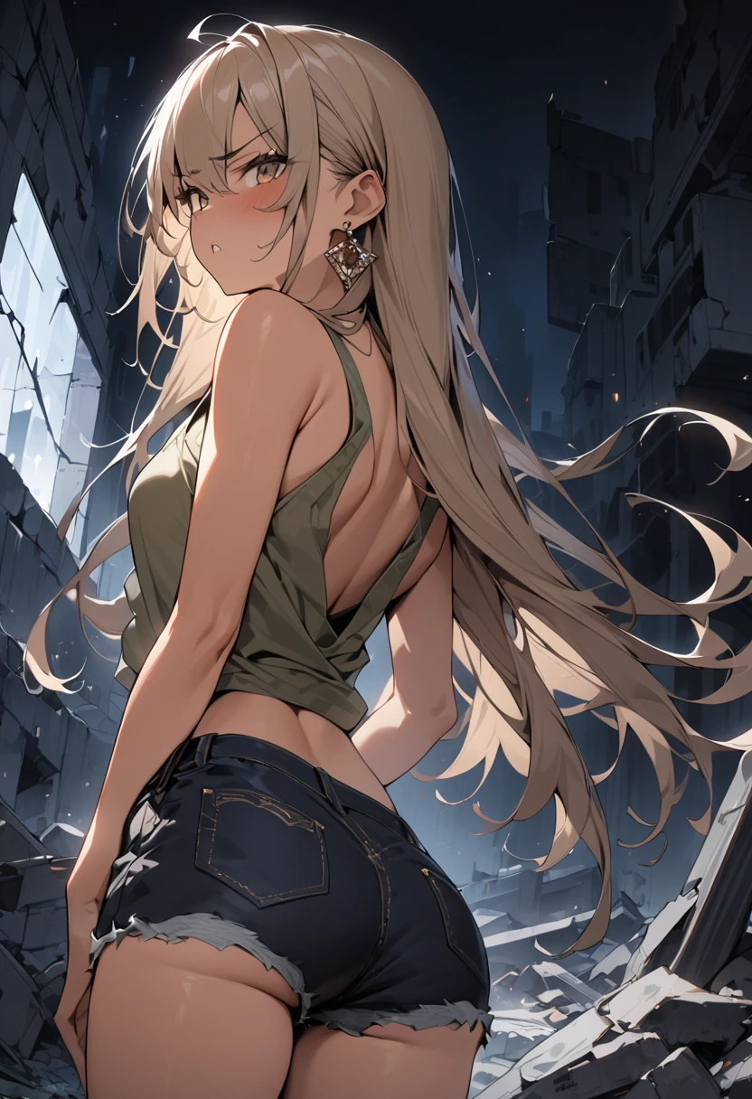 Masterpiece, 1 person, solo, blonde hair, long hair, hair inhalation, torn clothes, handcuffs, chain, navel, tears, (back arm: 1.2), clenched, chain, heart-shaped pupil, mouth open, no bra, no panties