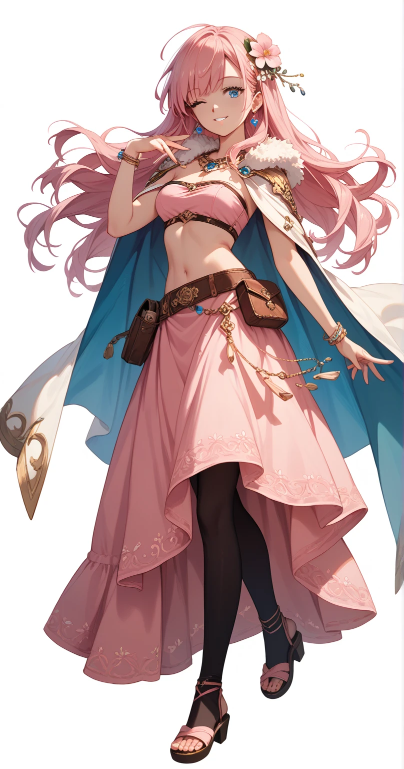 Cartoon anime style，beautiful girl，Fluffy pink hair，antlers，Elf ears，orangeskirt，Scepter，Standing barefoot，Foot ring。(((Correct human anatomy)))