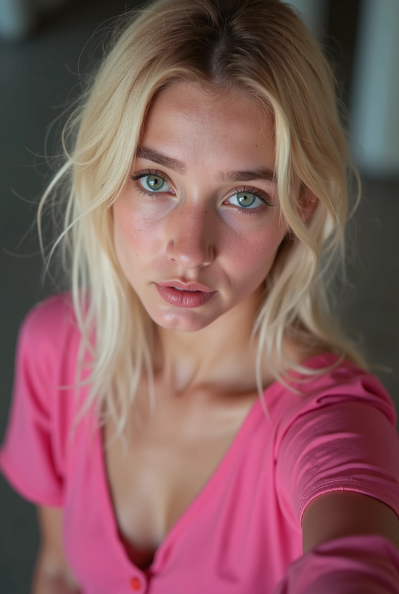 Photo portrait of a young woman with blond dyed straight hair. She is standing in the room.. She is wearing a pink top.. . is . .. photo from above. profile picture. Portrait foto. selfie.