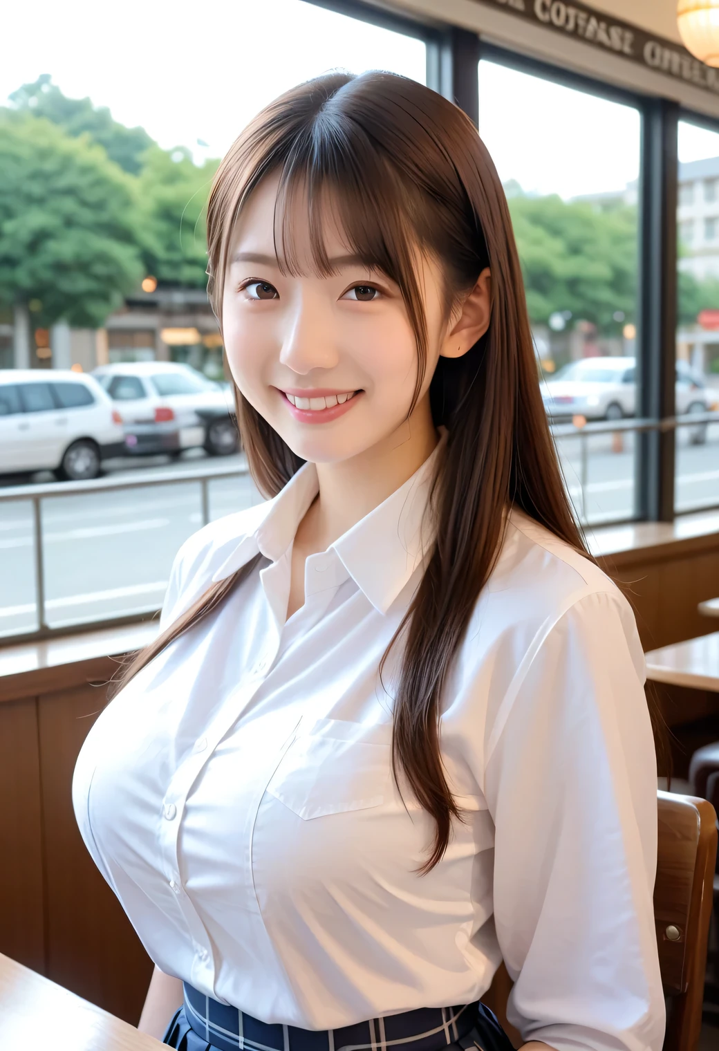Genuine, nsfw, high resolution images , masterpiece, top quality , high quality , very detailed, More Information, sharp details, sharp concentration, professional lighting , alone, 1 girl, Young Japanese Women with Butts, max per body, ((dark brown hair,long hair)),active, boyish woman , glamour, Bitch,small head, Xiaoyan,beautiful detailed face,((soft smile)), ((white shirt,school uniform)), ((Big Breasts:1.4)), front view, Viewer, perfect hand, perfect anatomy,((Cafe, are dating))
